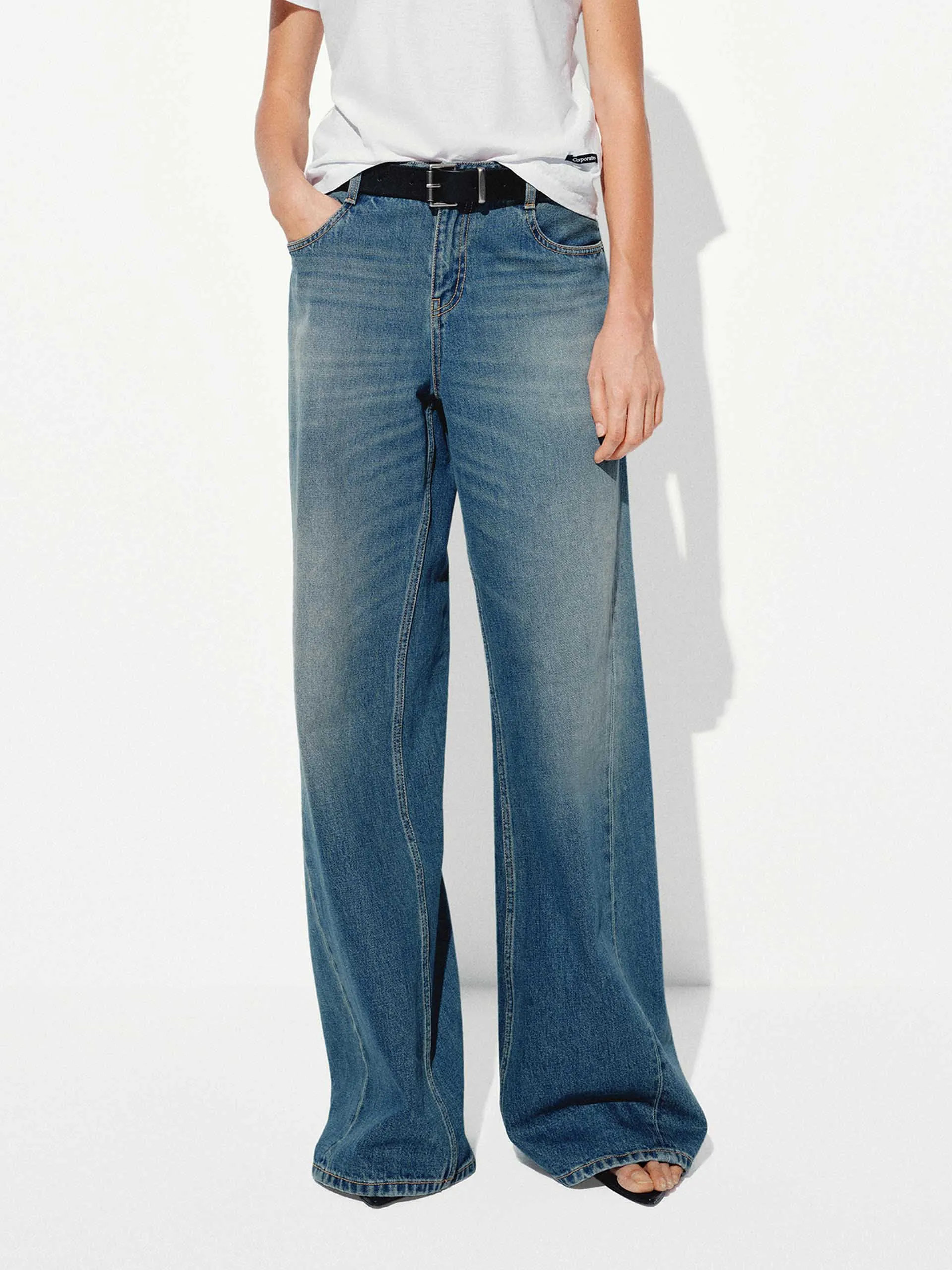 Seams Detail Cotton Jeans High Waist Neutral Fit Piece