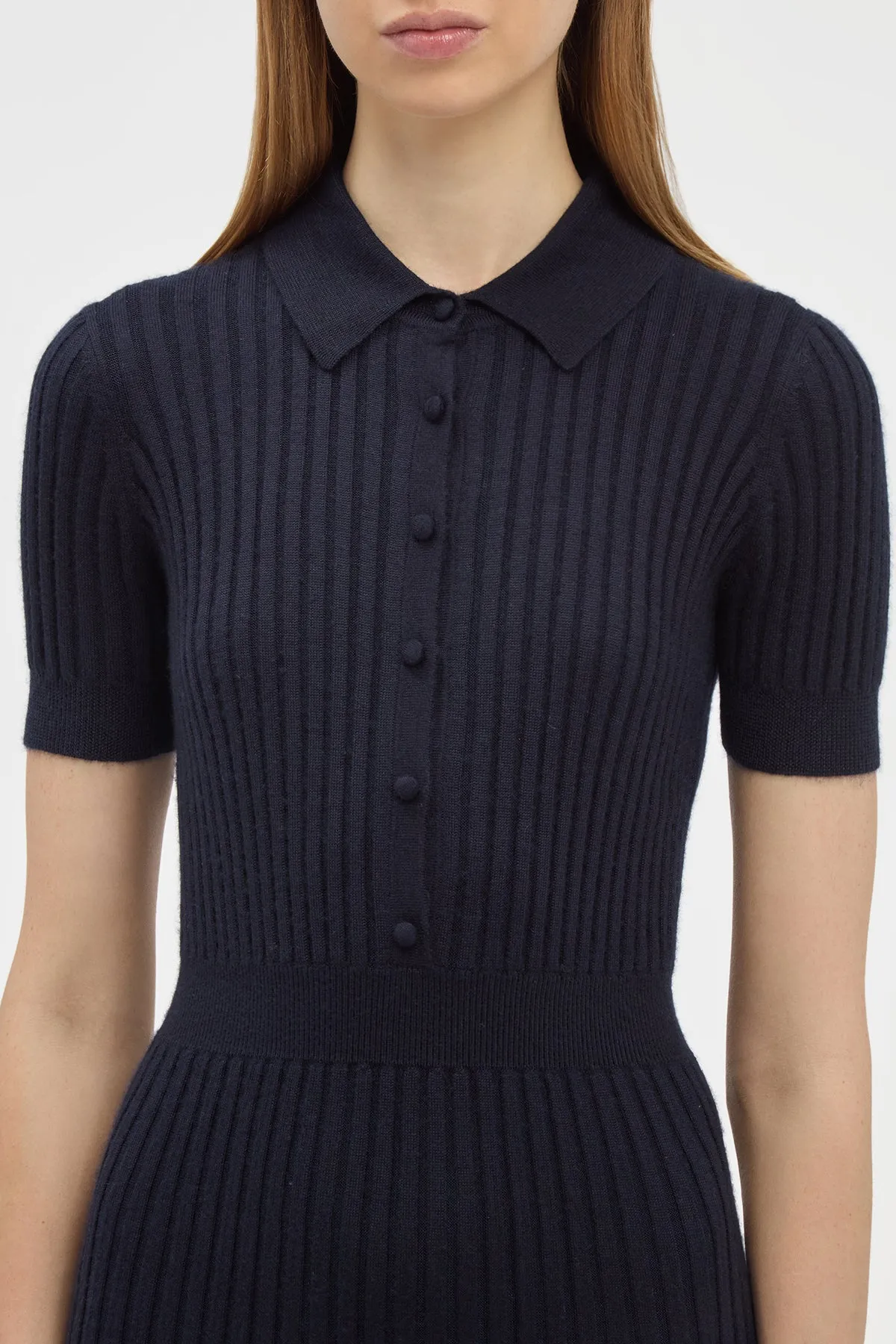 Amor Knit Midi Dress in Dark Navy Cashmere Silk Smile Ease Cool Nylon
