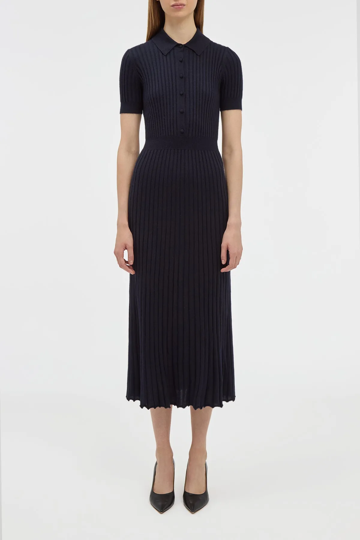 FadeResistantDye Fairy Core Amor Knit Midi Dress in Dark Navy Cashmere Silk