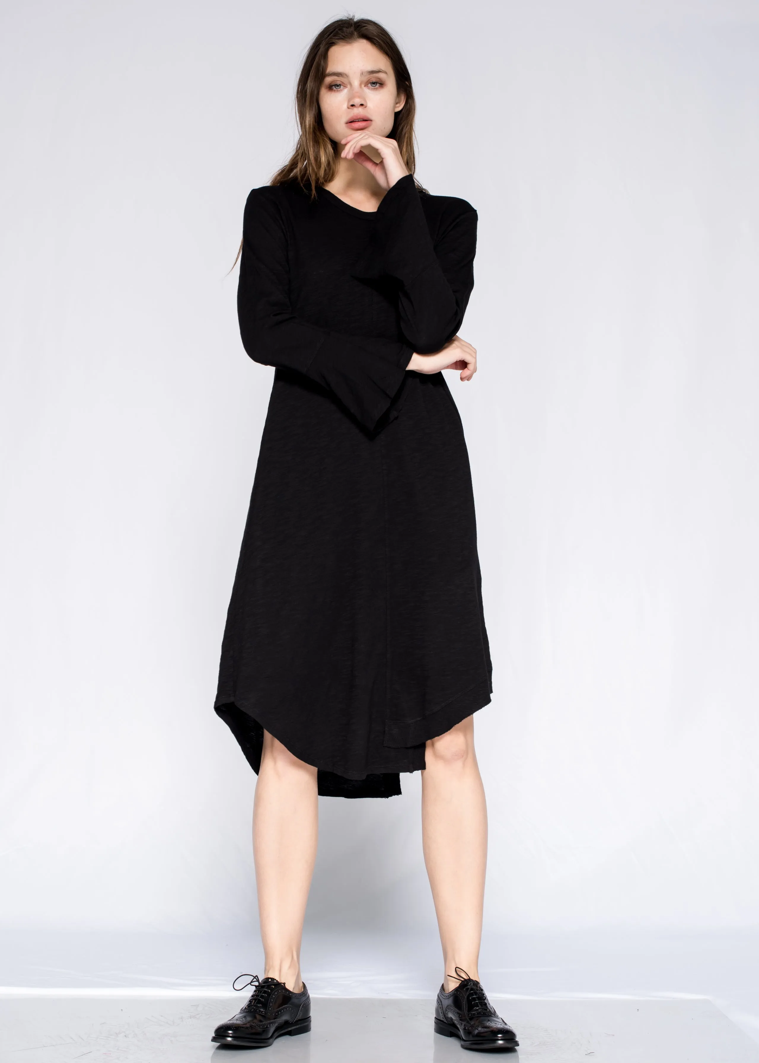 Shifted Slant Rib Mix Crew Mid Calf Shirt Dress w/Bell Sleeve Sunset Scene Quick Wear