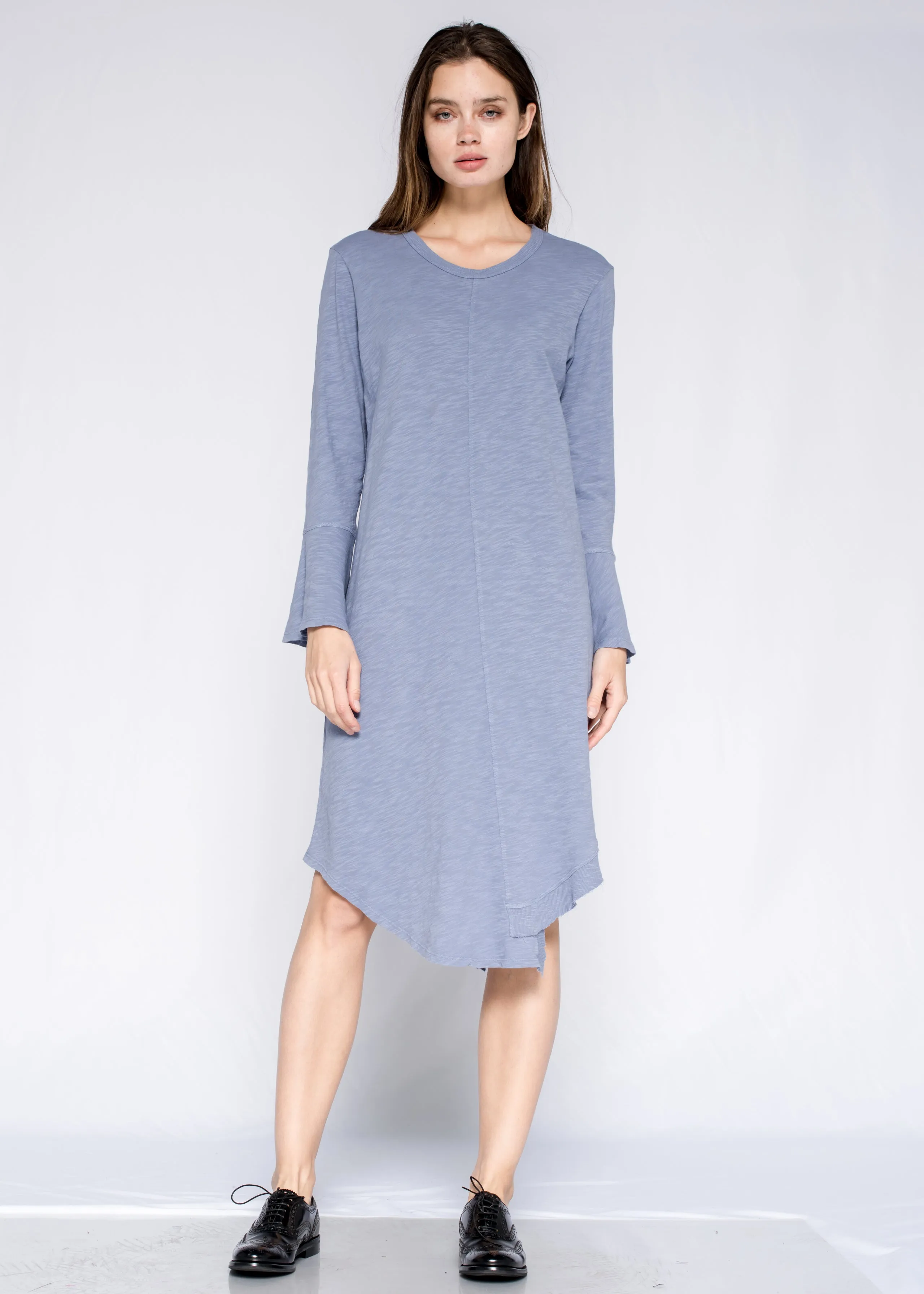 Flexible Hemline City Soul Shifted Slant Rib Mix Crew Mid Calf Shirt Dress w/Bell Sleeve