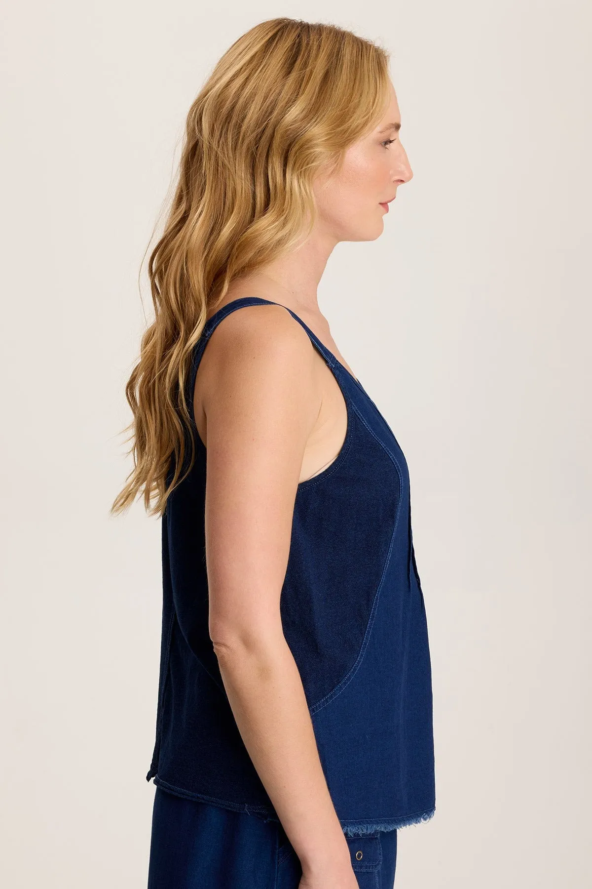 Norelle Flowy Pintuck Mock-Denim Twill Tank Basic Core