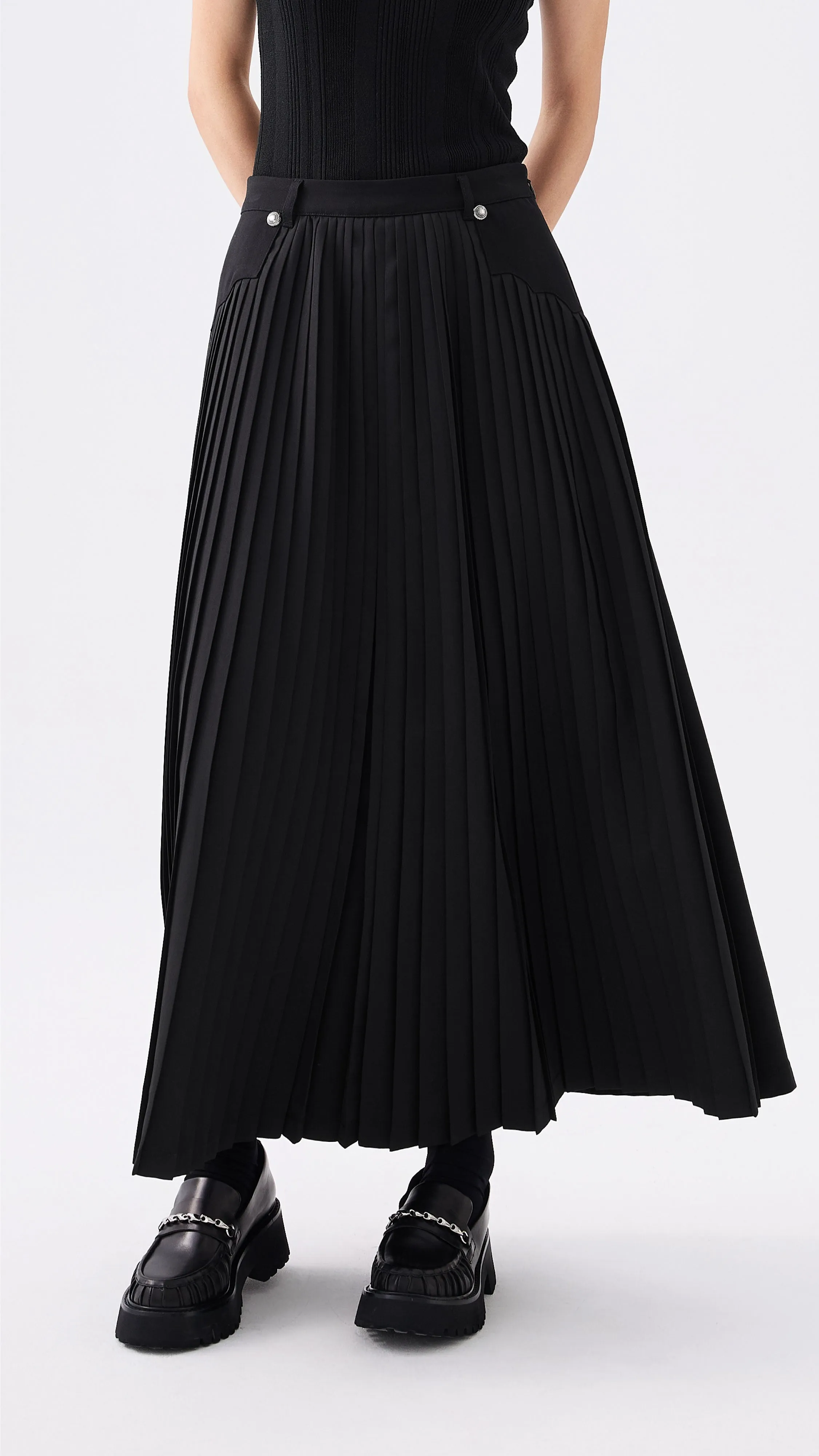 Comfort Waistline Front Pleated Flare Skirt