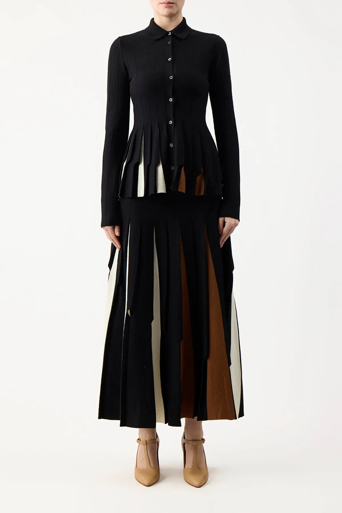 New Day Clean Cut Olya Pleated Knit Midi Skirt in Black Multi Merino Wool