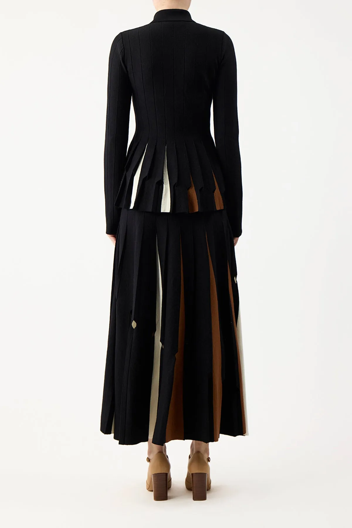 Olya Pleated Knit Midi Skirt in Black Multi Merino Wool Sleek Comfort