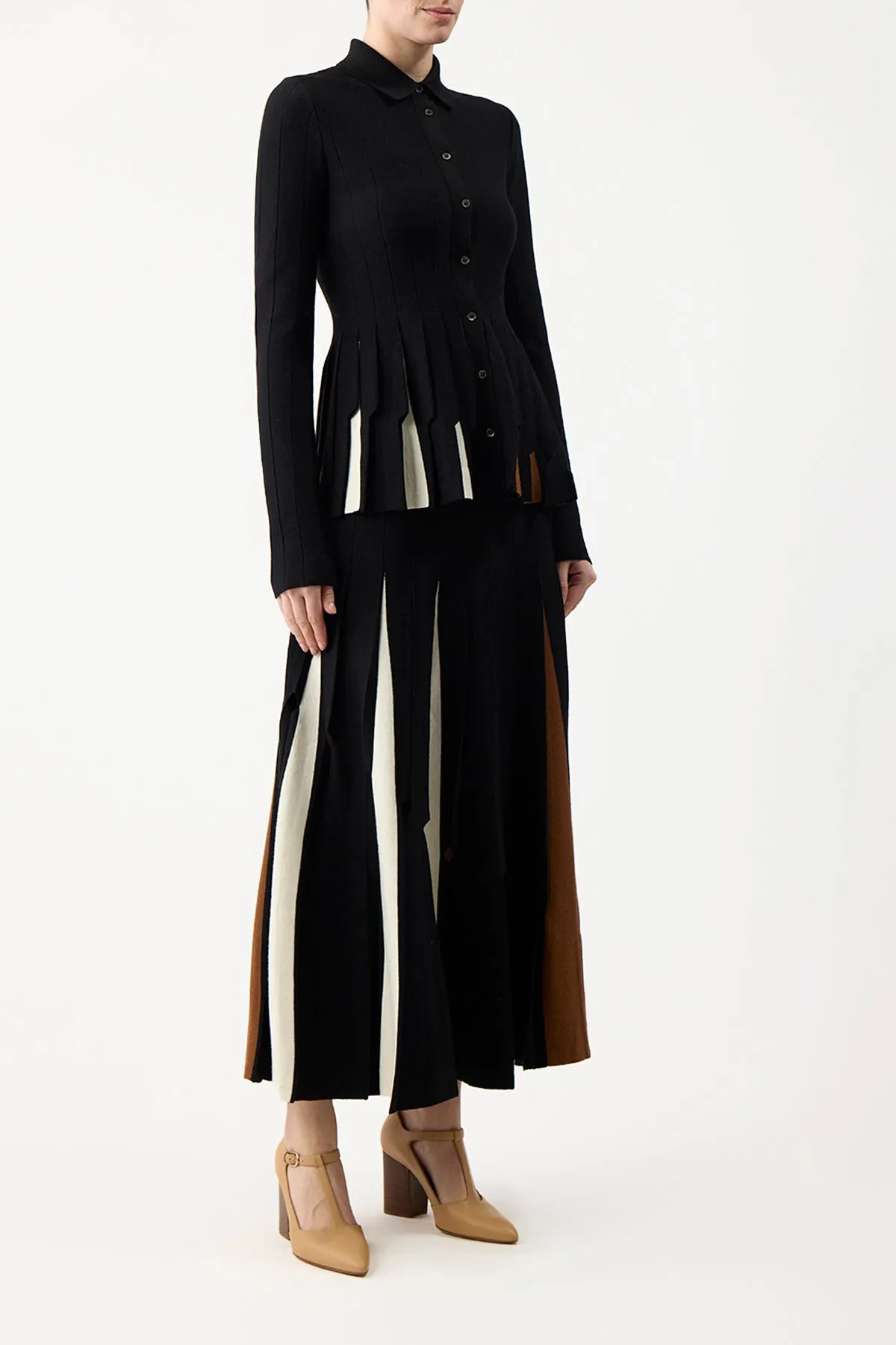 Beach Fit Olya Pleated Knit Midi Skirt in Black Multi Merino Wool