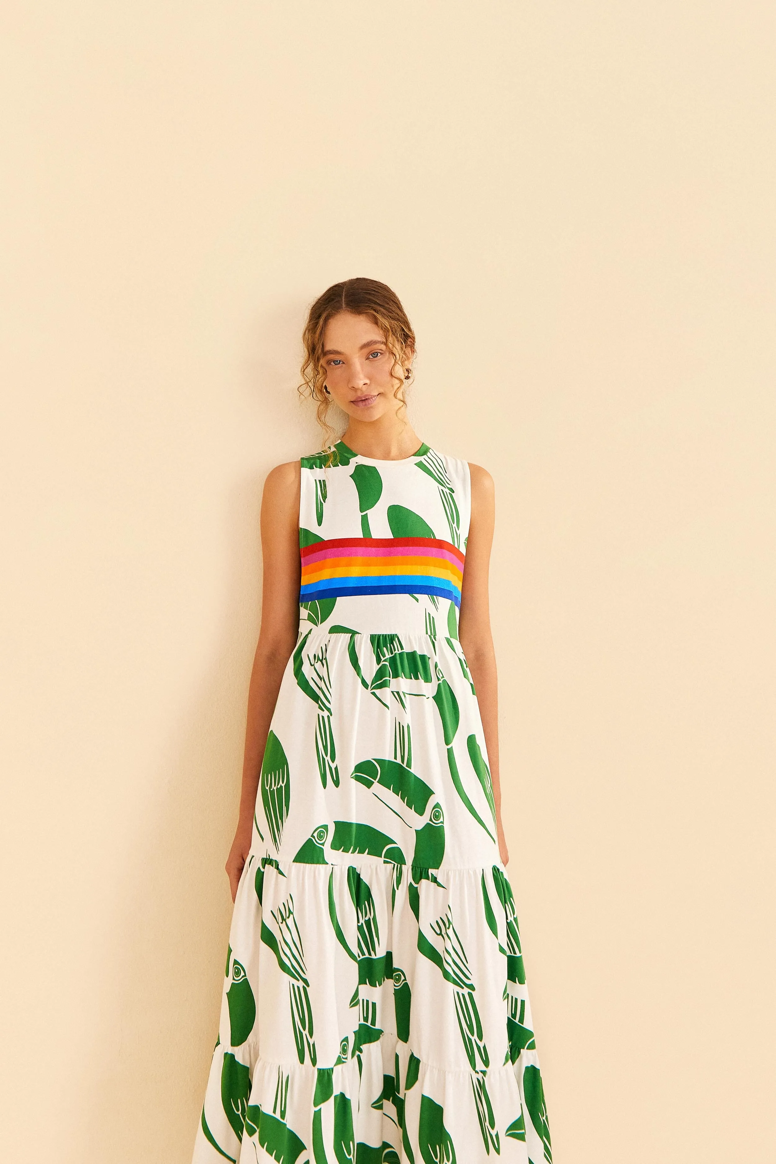 Azure Tide Calm Air Off-White Rainbow Toucans Organic Cotton Maxi Dress