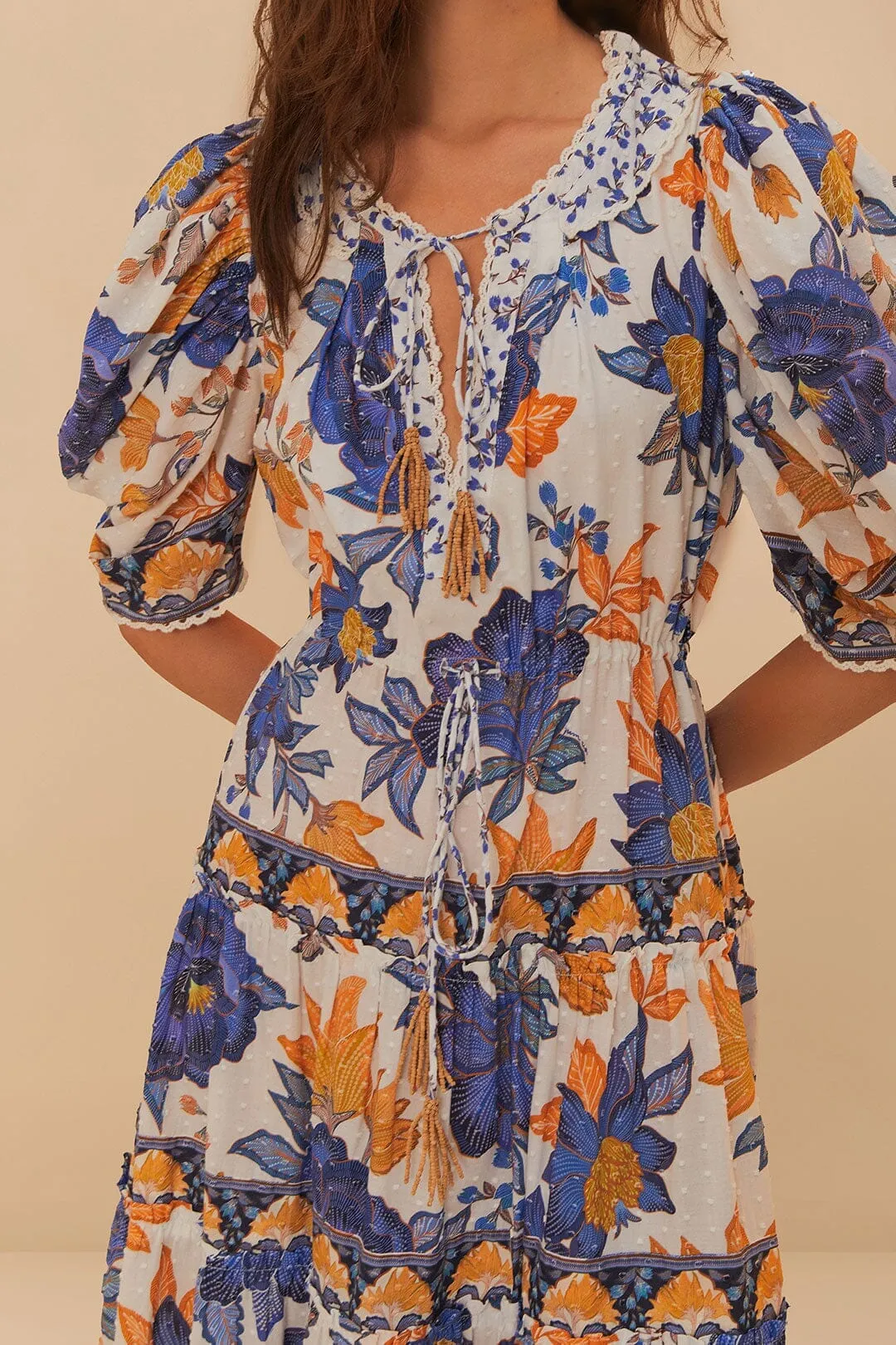 Off-White Summer Flowers Beaded Tassels Maxi Dress Tulle Flow