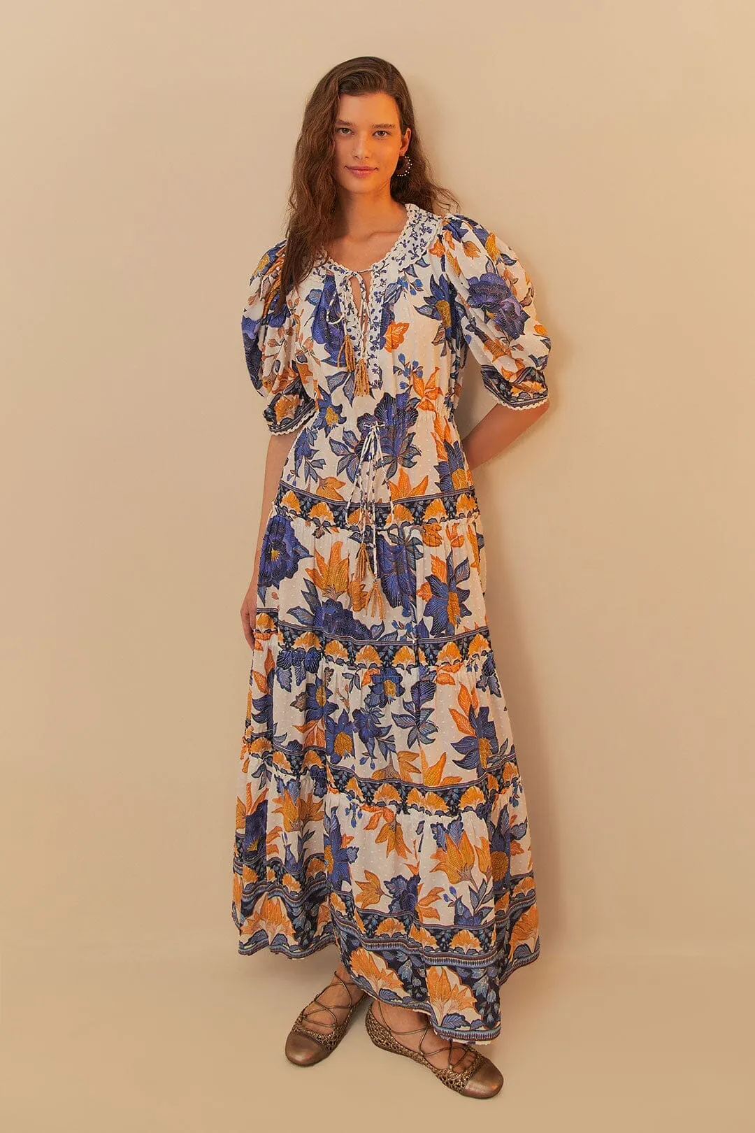Off-White Summer Flowers Beaded Tassels Maxi Dress The lightweight fabric of this dress ensures it is breathable and comfortable in any weather