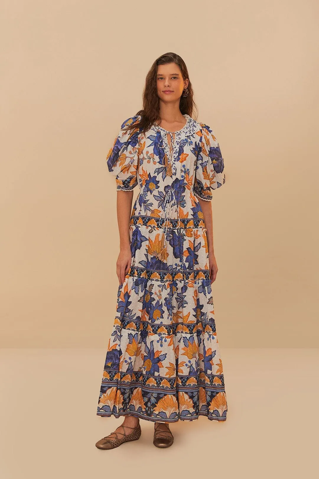 Off-White Summer Flowers Beaded Tassels Maxi Dress This dress offers an elegant and refined look for any event or casual outing