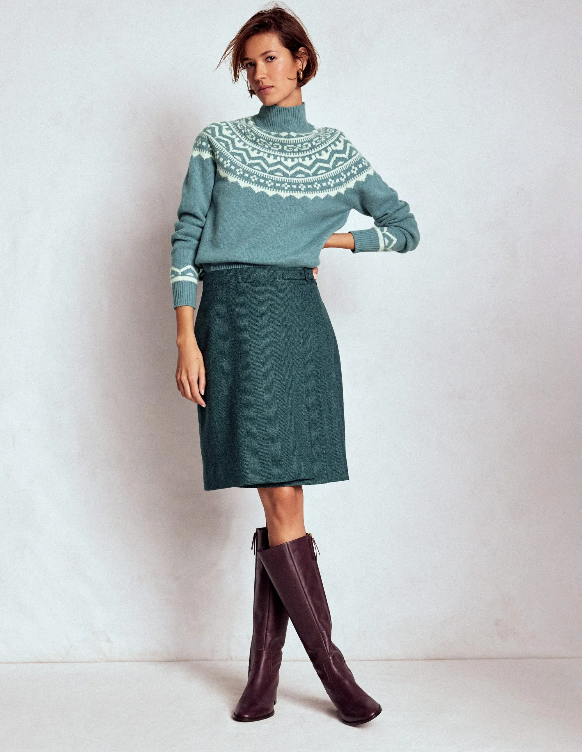 Side Pockets Helen Wool Kilt Skirt-Green Herringbone