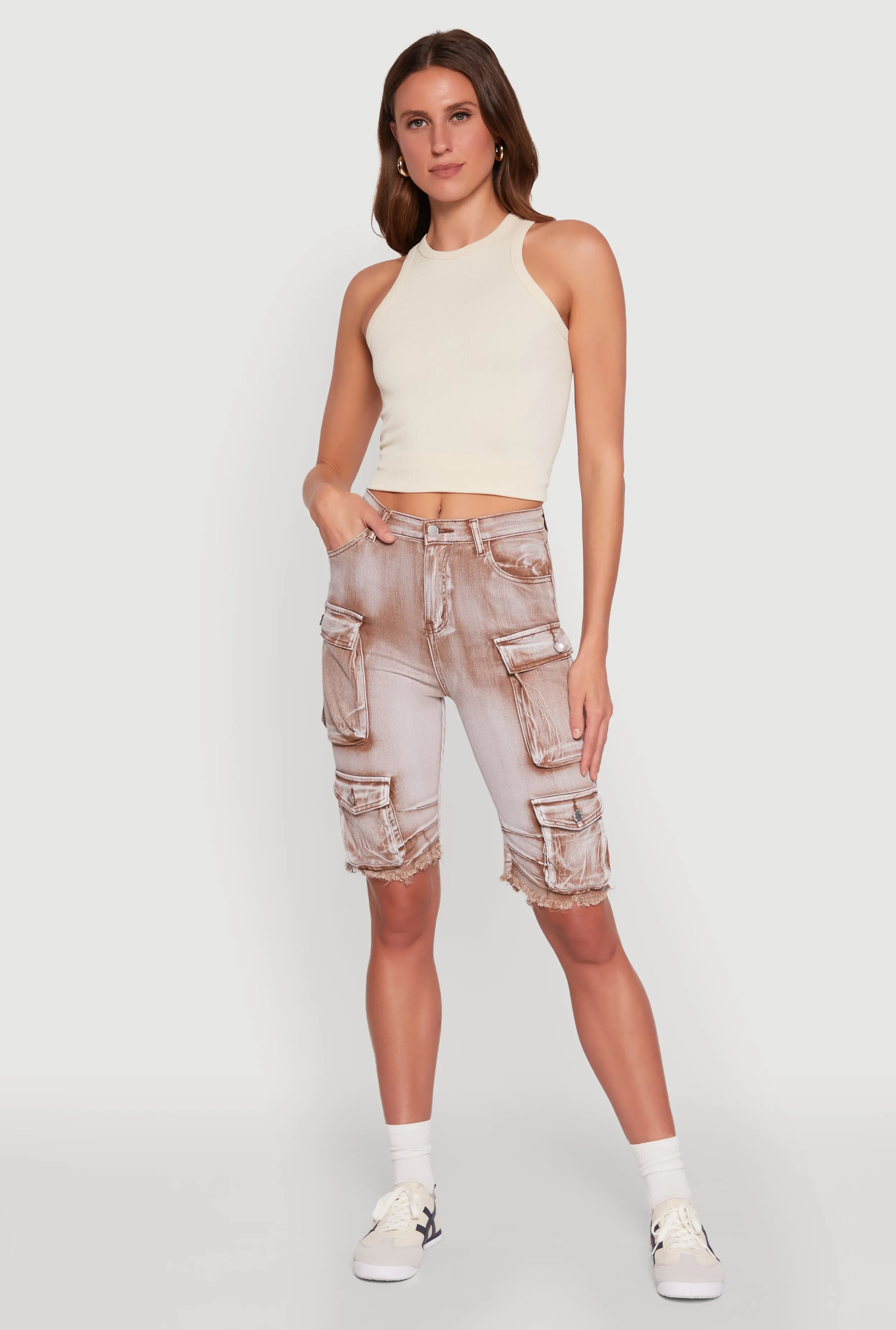 graduation season Semi-formal Daisy Acid Wash Raw Hem Utility Bermuda Shorts