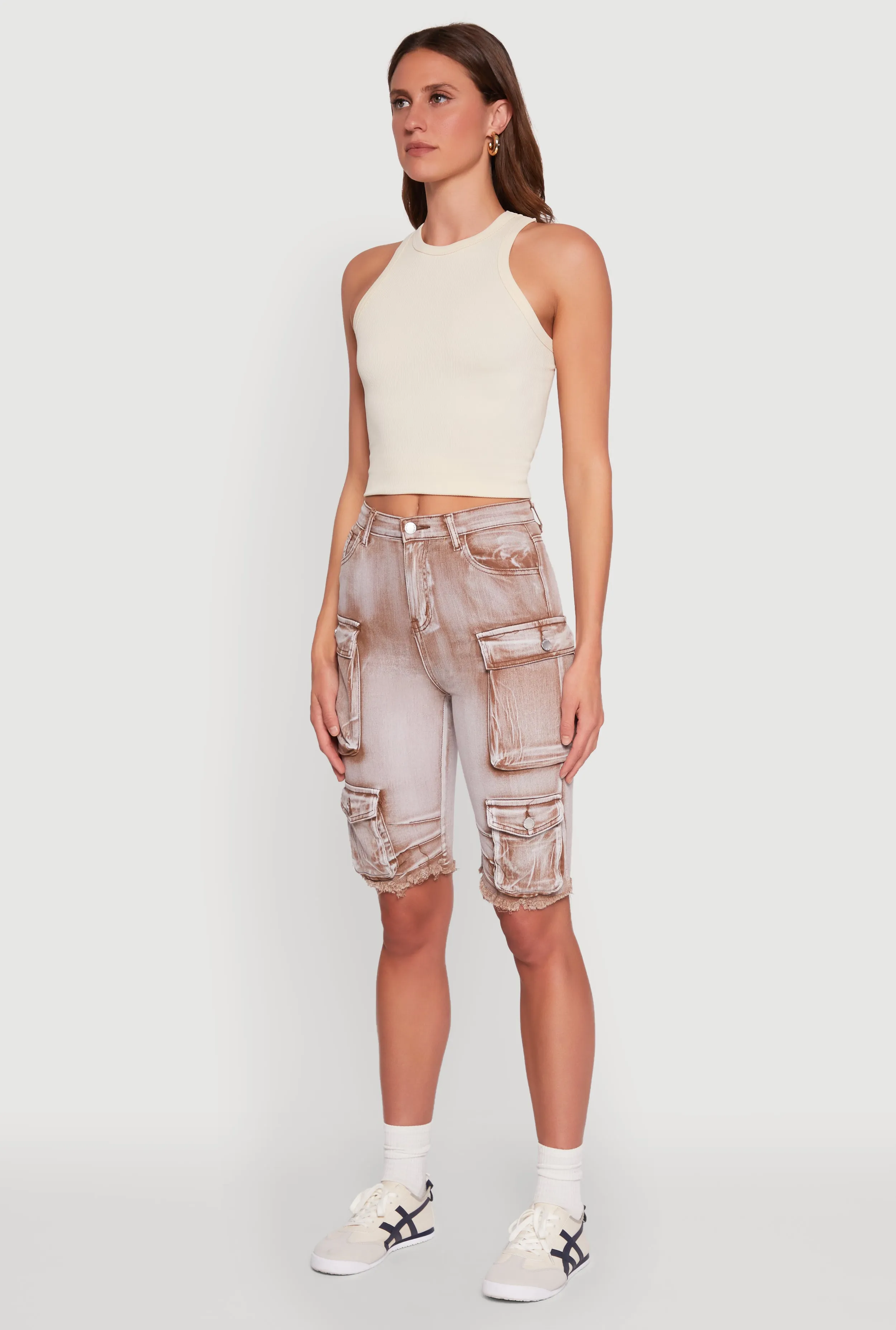 Weekend Outfit Multi Panel Cut Daisy Acid Wash Raw Hem Utility Bermuda Shorts