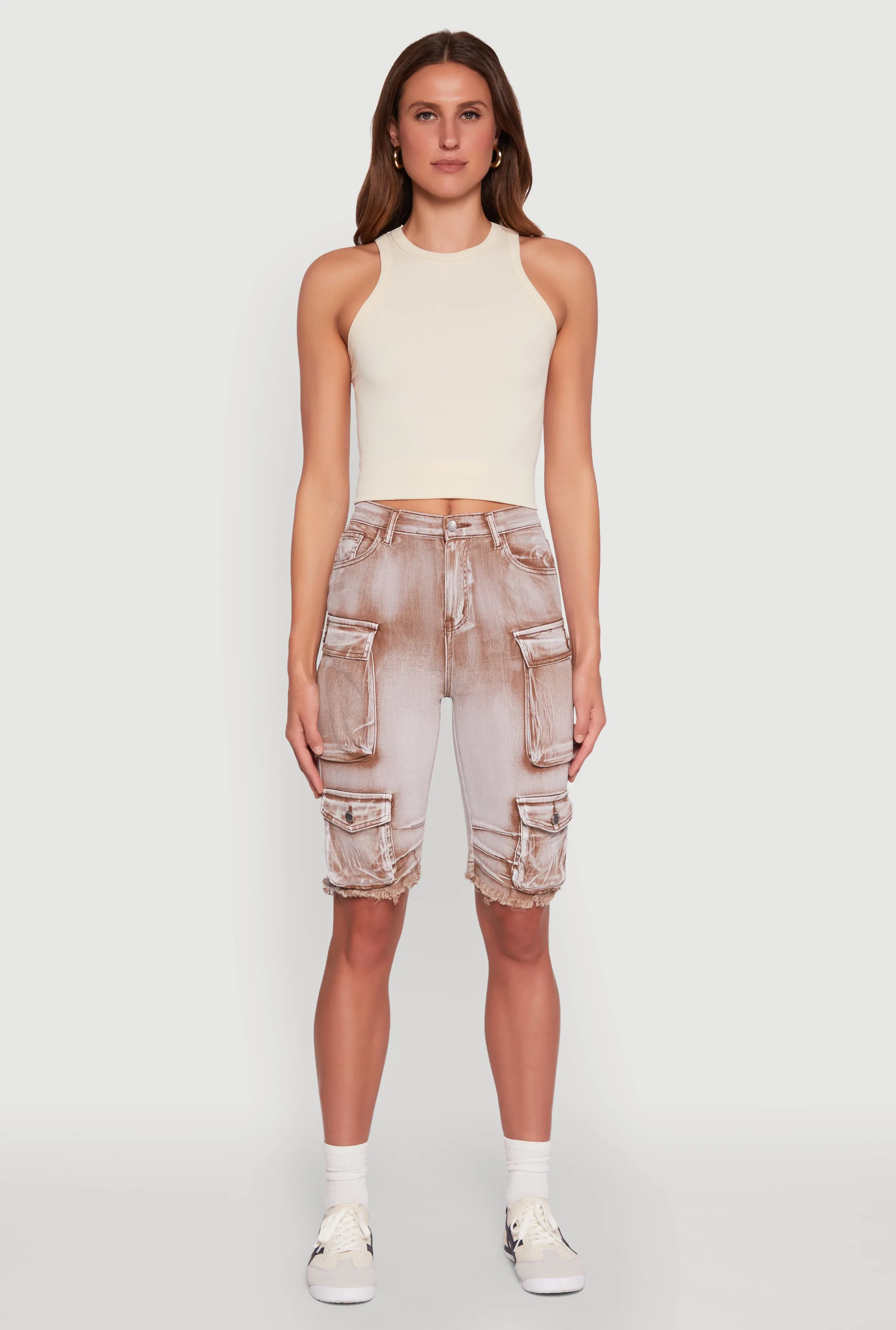Daisy Acid Wash Raw Hem Utility Bermuda Shorts factory work