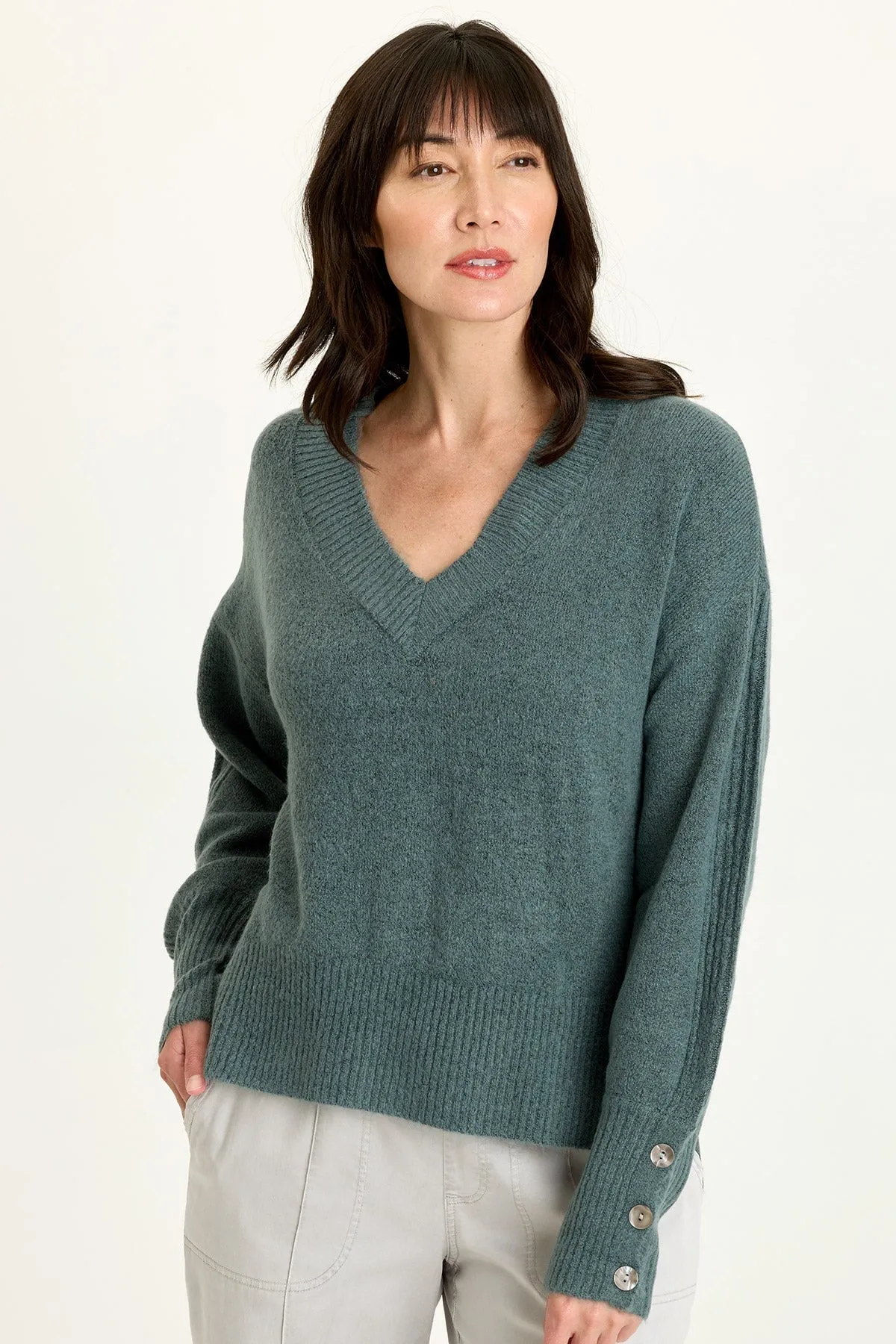 QuickReleaseFastener StretchableFabric Bronte Relaxed Fit V-Neck Knit Sweater