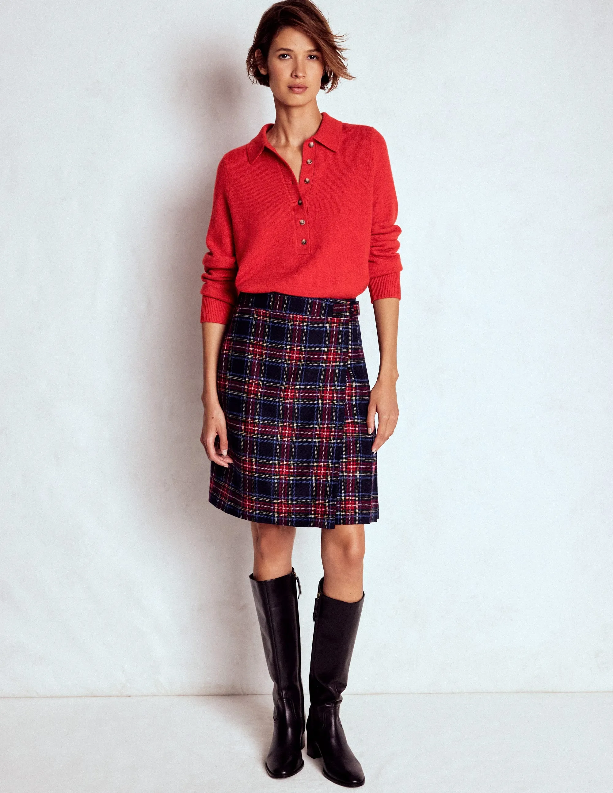 Transitional Wear Helen Wool Kilt Skirt-Navy, Green and Red Check