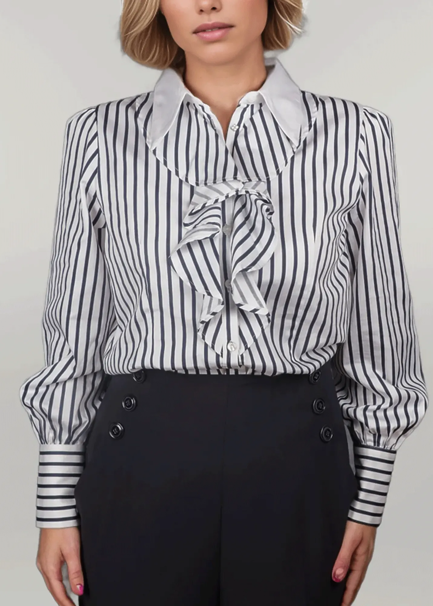 Repair Fit BELLE AMOUR - Striped Blouse With Jabot Collar by Ma Reine | 100% Cotton Satin (WHITE / NAVY)