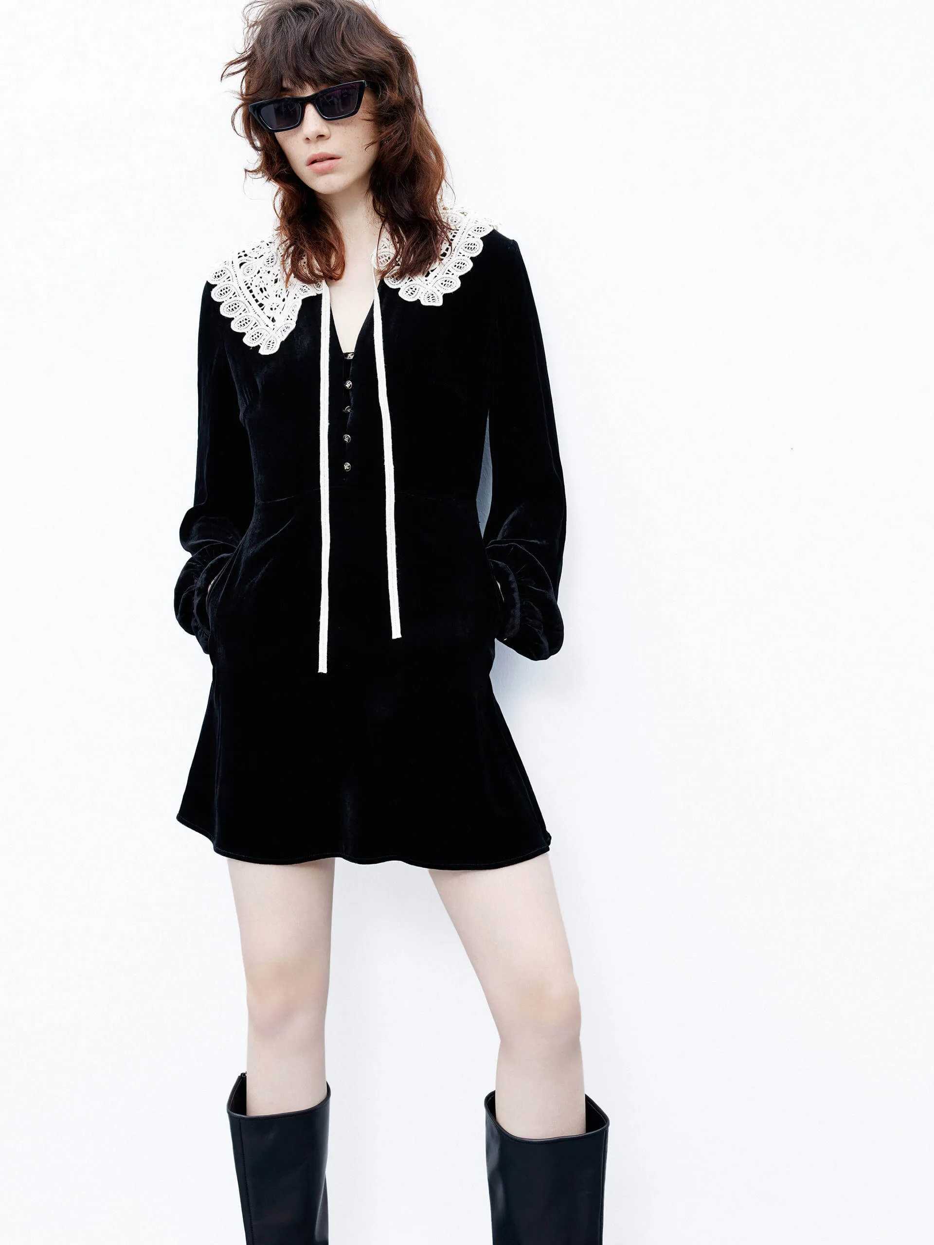 Detachable Lace Collar Dress Bold print mini dress UV Protection