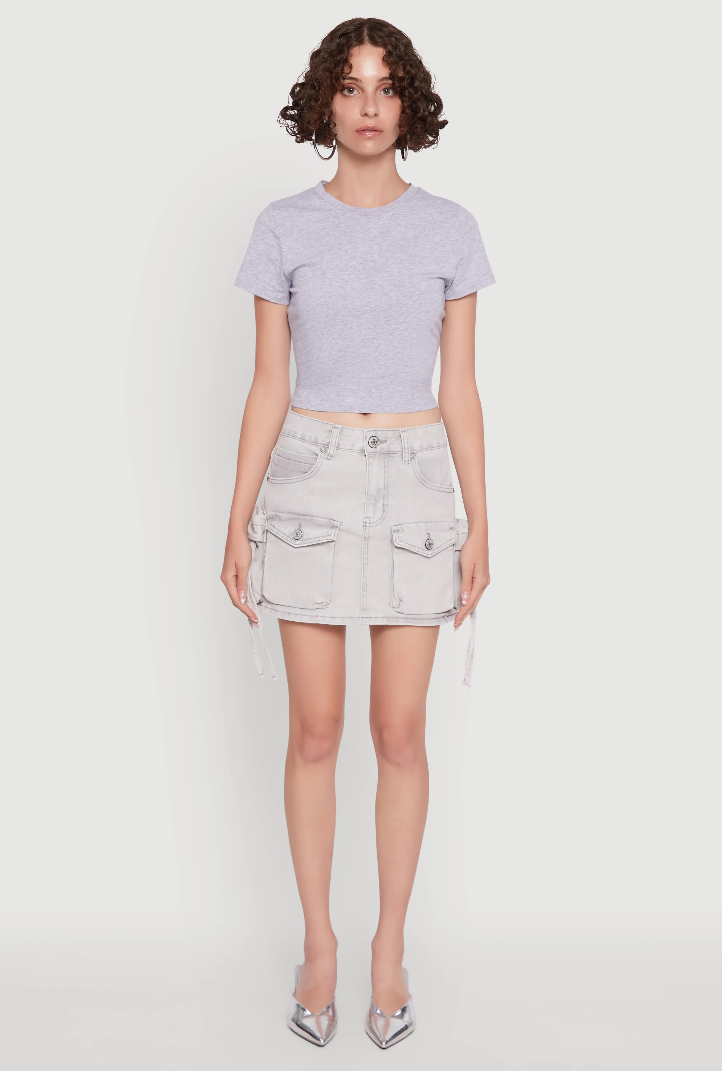 lace accents Hidden Zipper Mid Rise Cargo Pocket Mini Denim Skirt