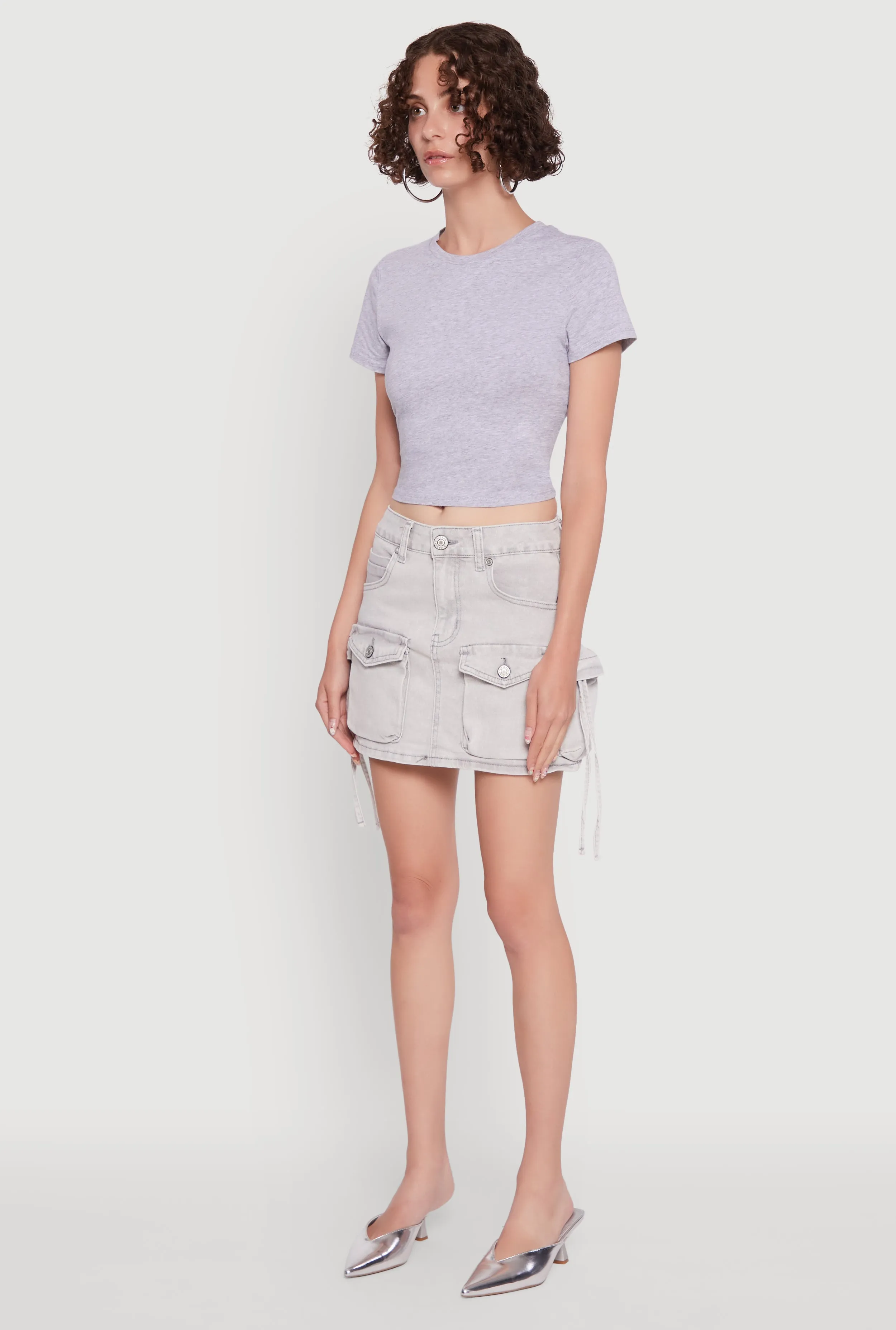 Mid Rise Cargo Pocket Mini Denim Skirt Contrast Stitching Smart Look