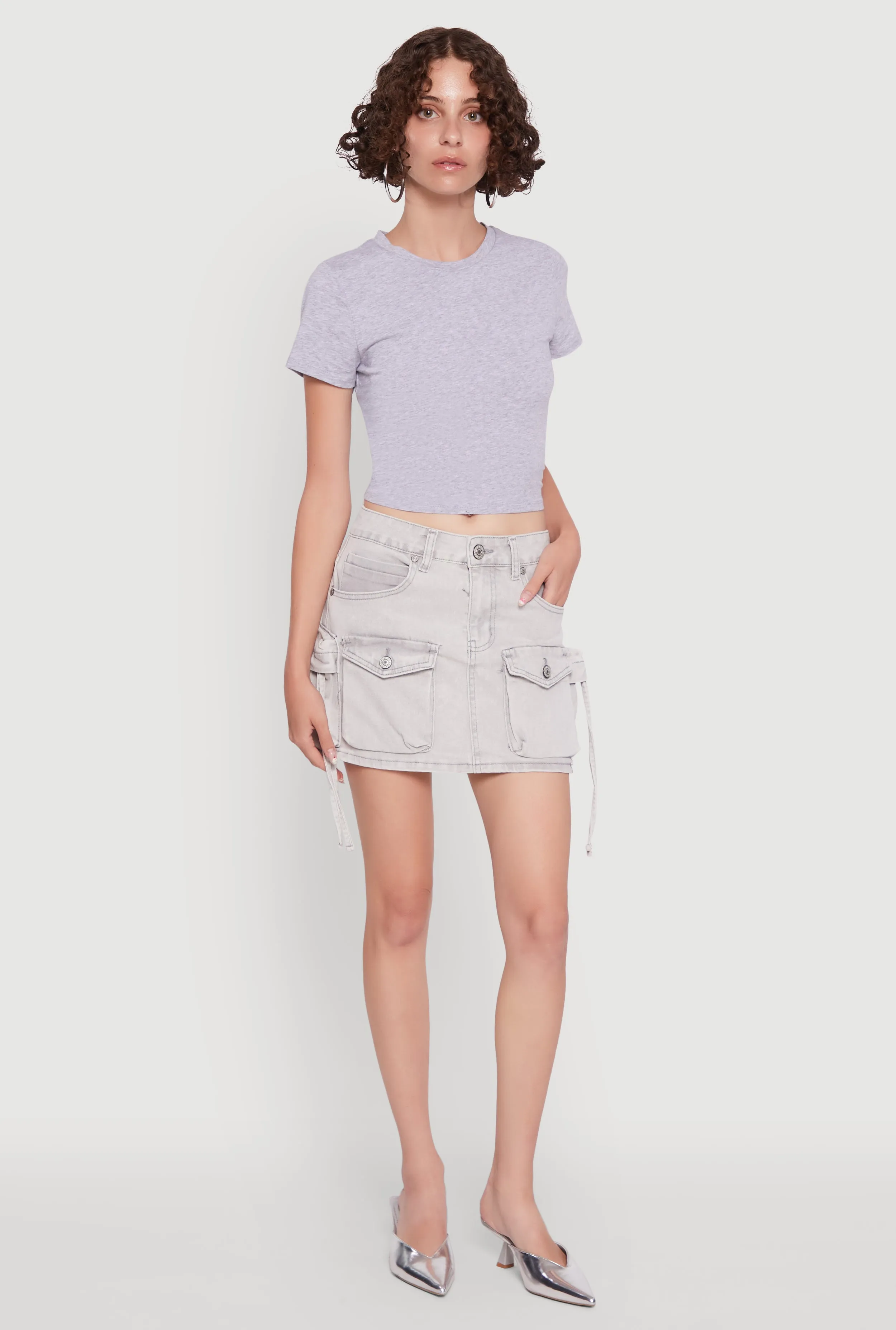 Travel Ease Bold Cut Mid Rise Cargo Pocket Mini Denim Skirt