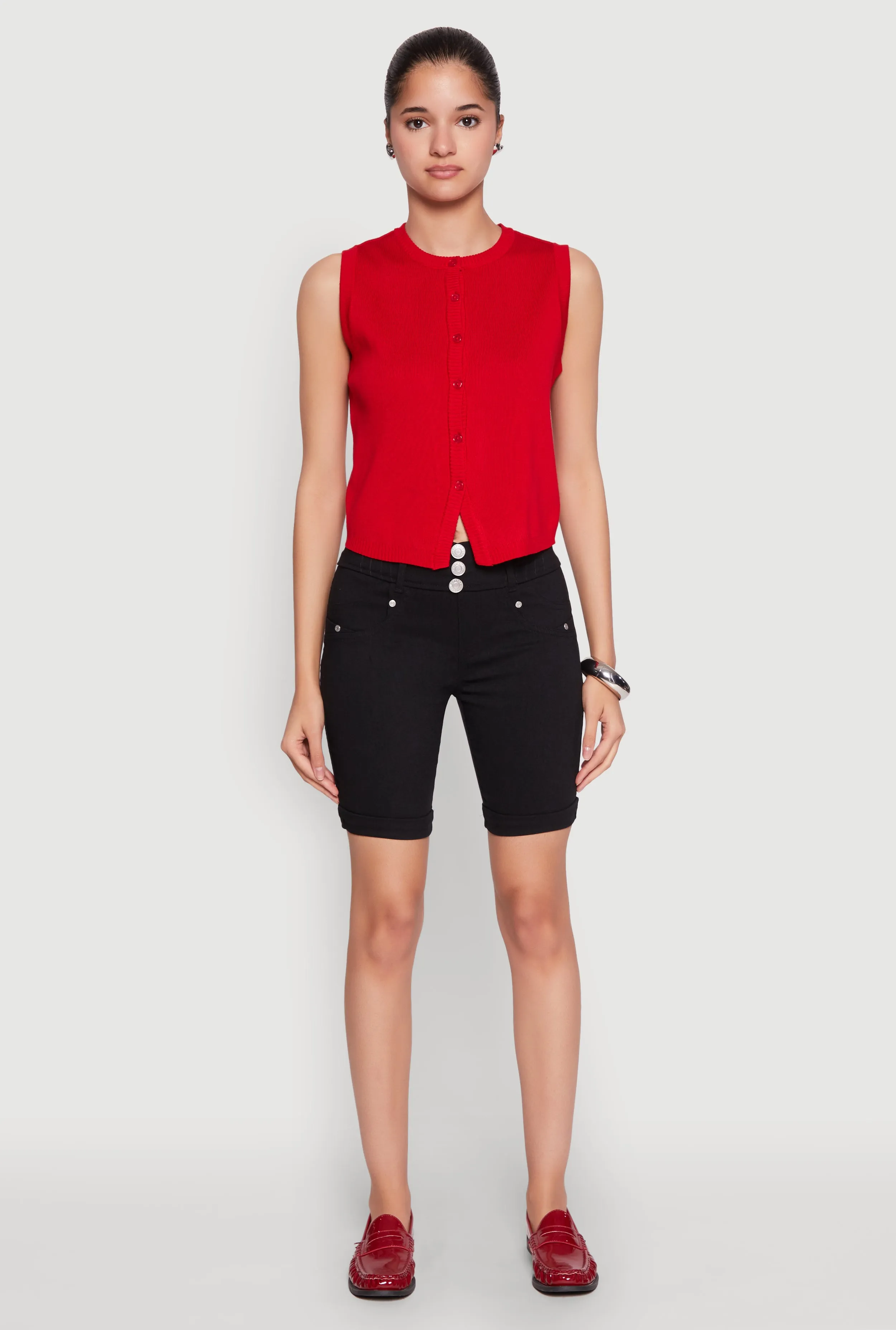 Hyper Stretch Faux Button Bermuda Shorts Cool Basic Valentine's gift