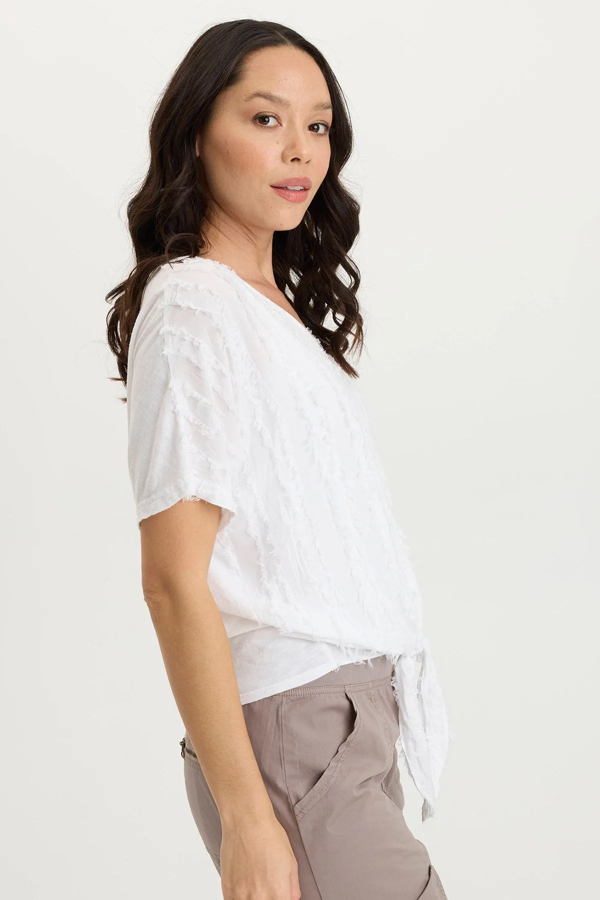 Curine Stripe Voile/Jersey Knotted V-Neck Top Metal Core