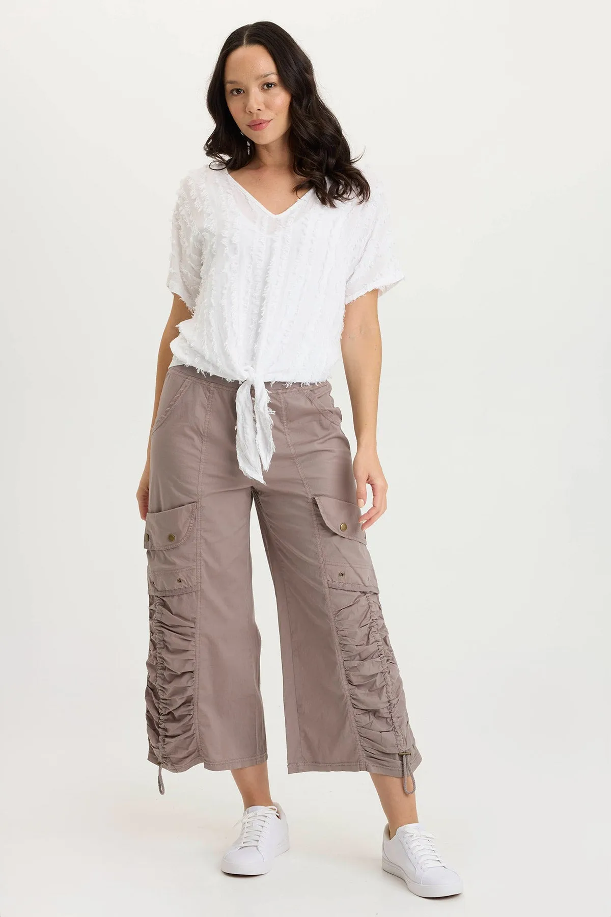 Curine Stripe Voile/Jersey Knotted V-Neck Top Teacher Chic