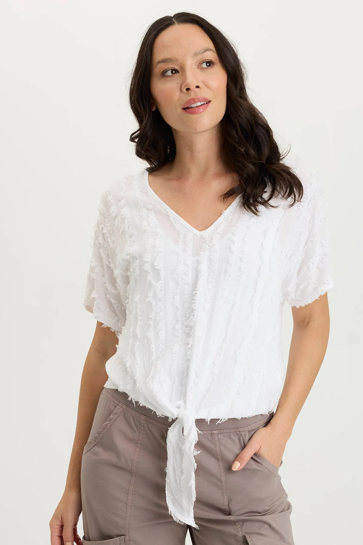 Curine Stripe Voile/Jersey Knotted V-Neck Top DurableBlend