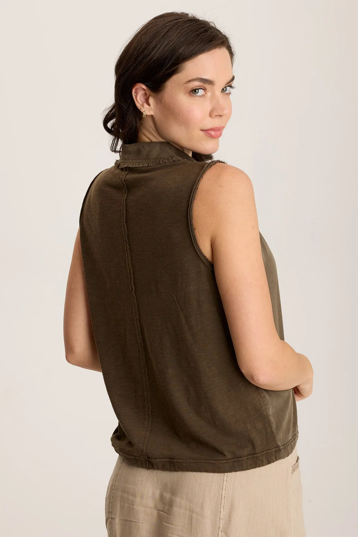 Wrinklefree StaticFreeLining Rein Sleeveless Polo with Snap Front & Cinched Hem