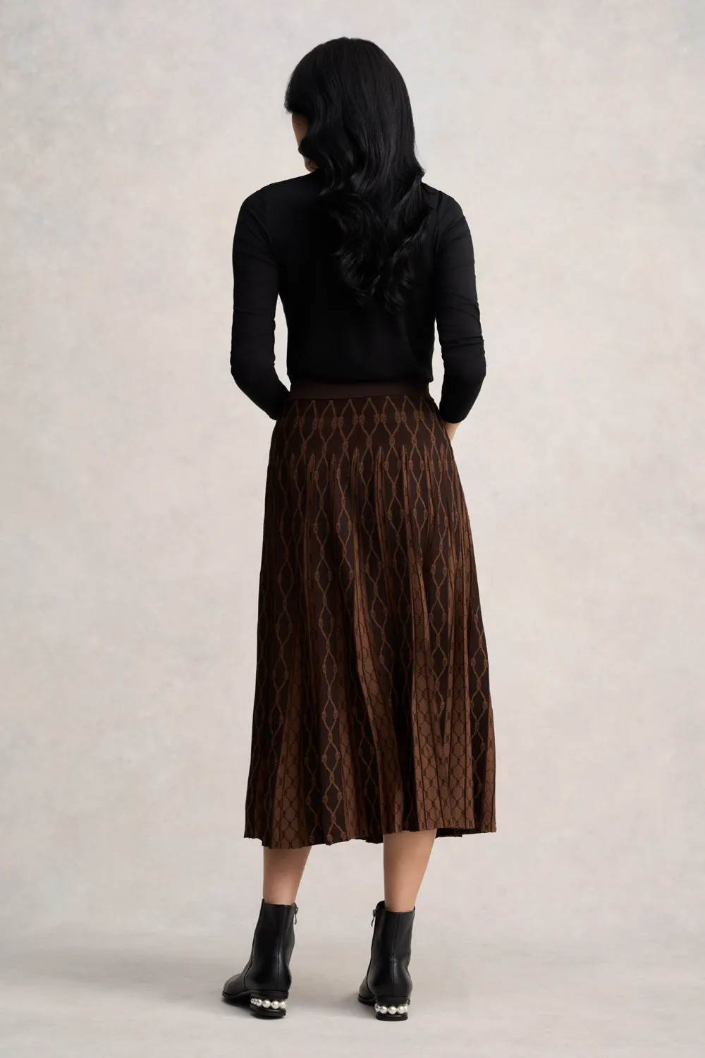 Split hem Pleated Knit Skirt - Chocolate & Camel