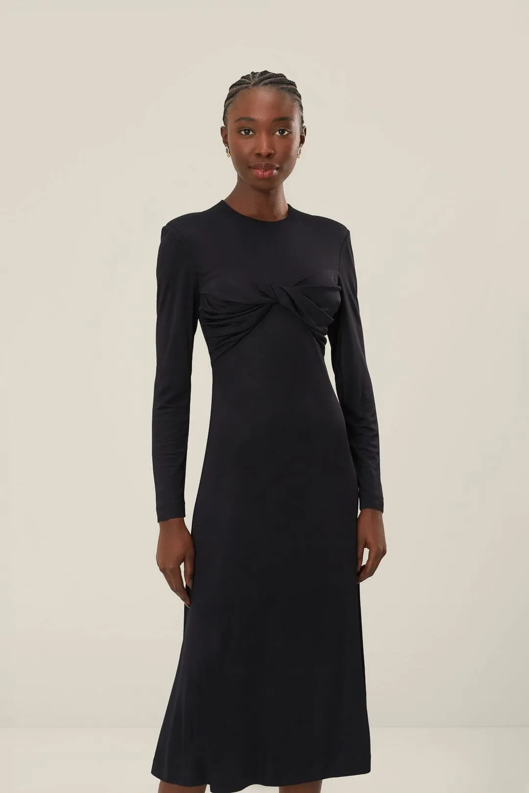 Black Twisted Cup Midi Dress Minimalist Design
