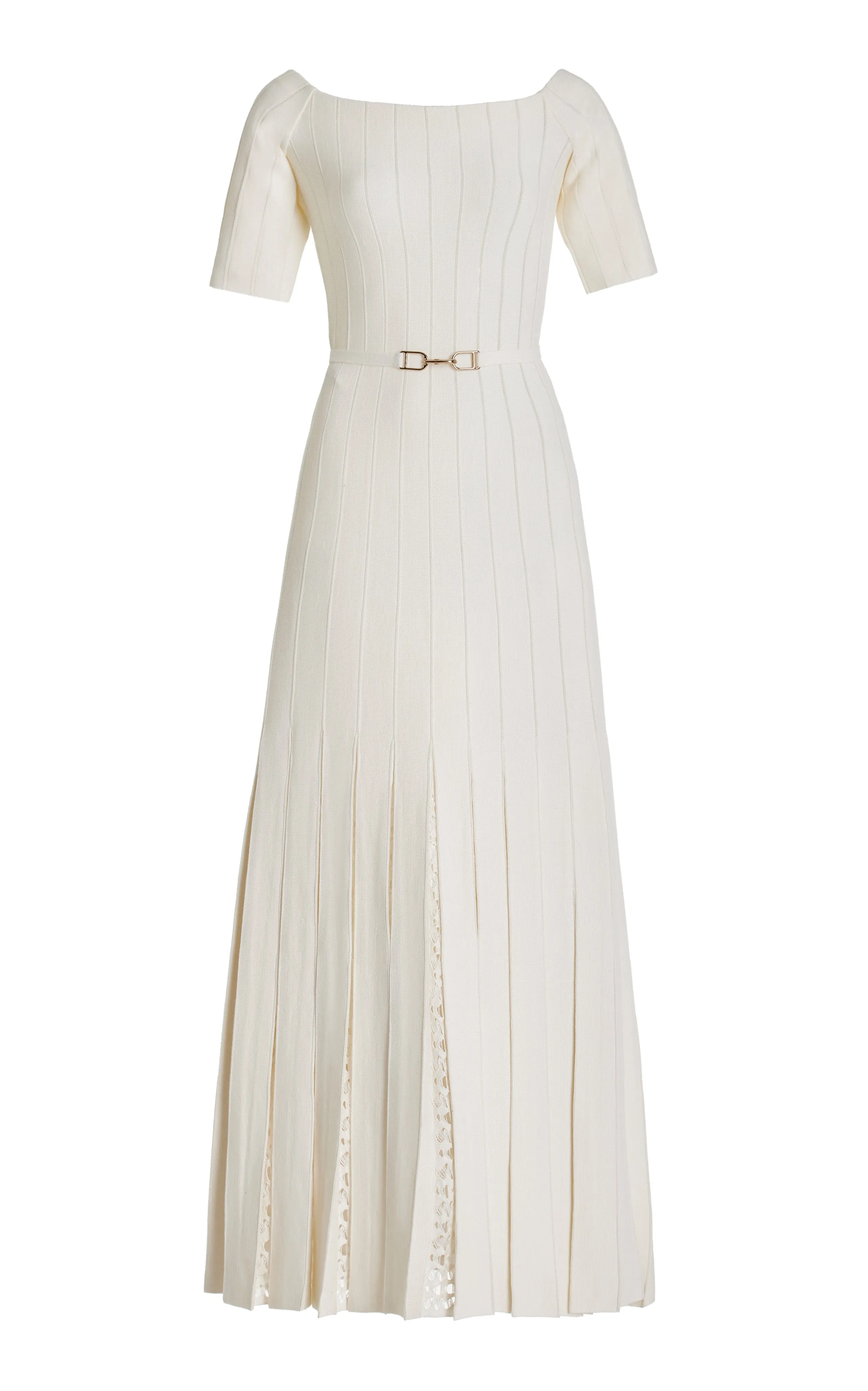 MultiPanelCut Soft Motion Kurt Knit Pleated Maxi Dress in Ivory Merino Wool