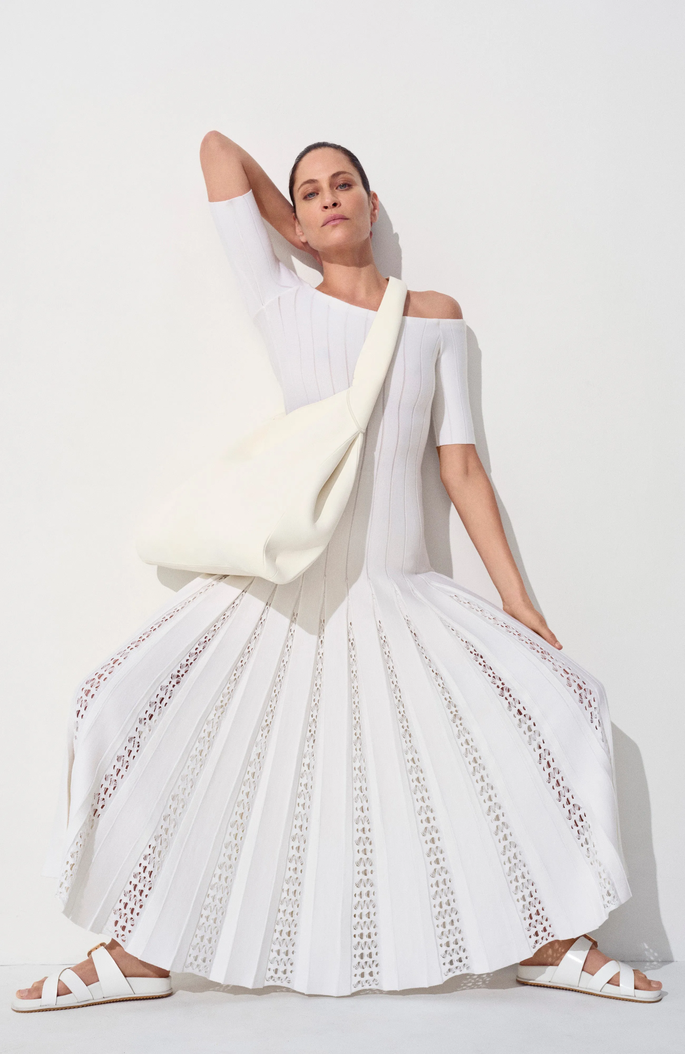 Kurt Knit Pleated Maxi Dress in Ivory Merino Wool Work Safe Plane Mood