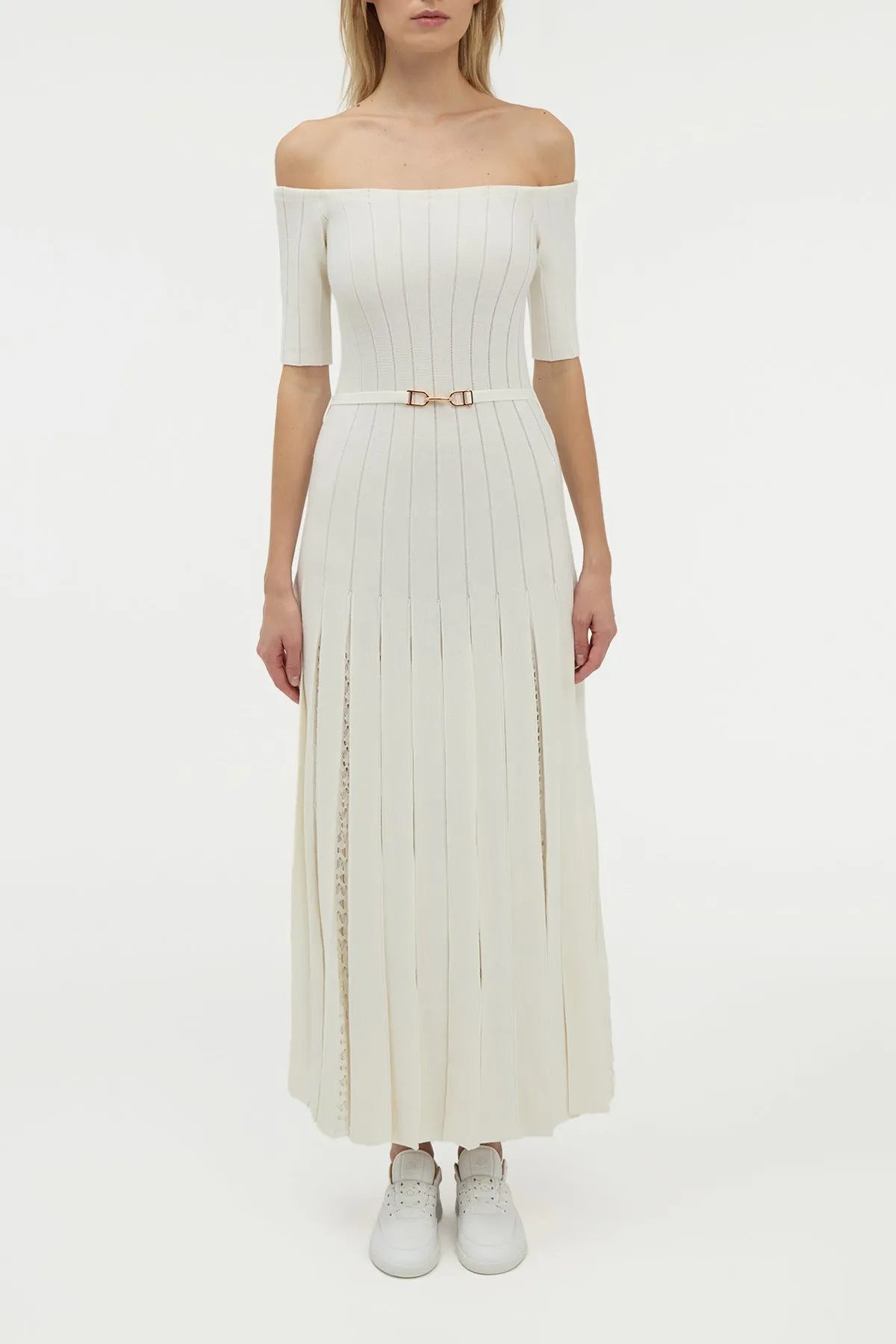 WrinkleFree Material NonRestrictiveSilhouette Kurt Knit Pleated Maxi Dress in Ivory Merino Wool