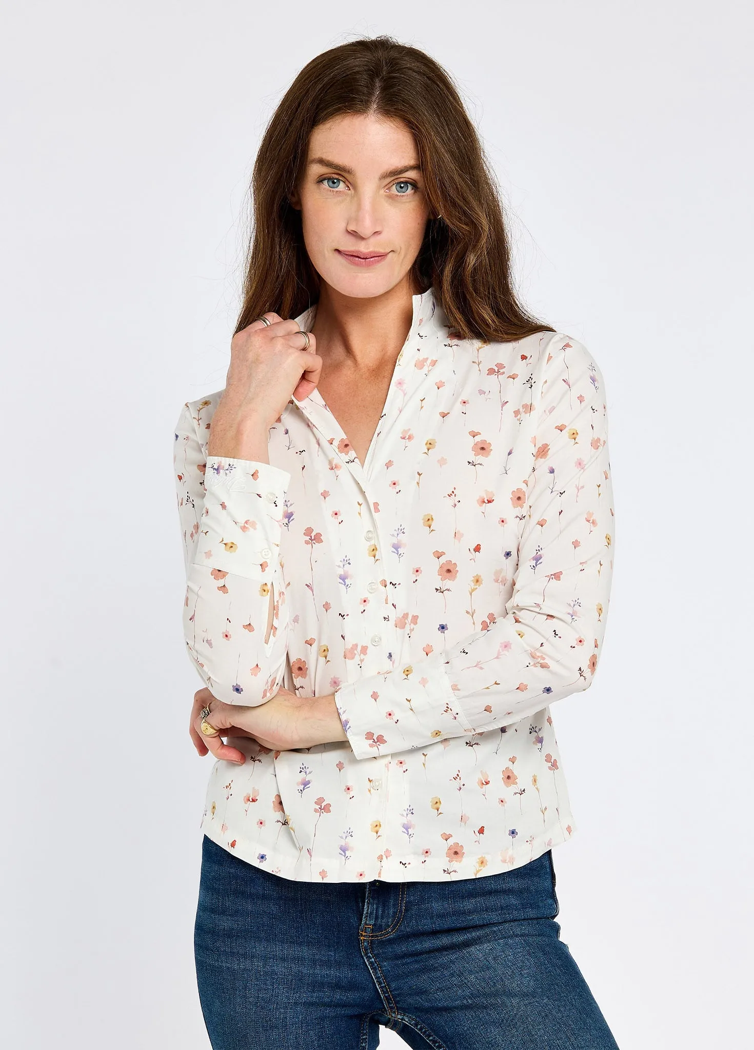 Fuchsia Women's printed long-sleeve shirt - white ElasticCuffDesign AbrasionResistantFabric
