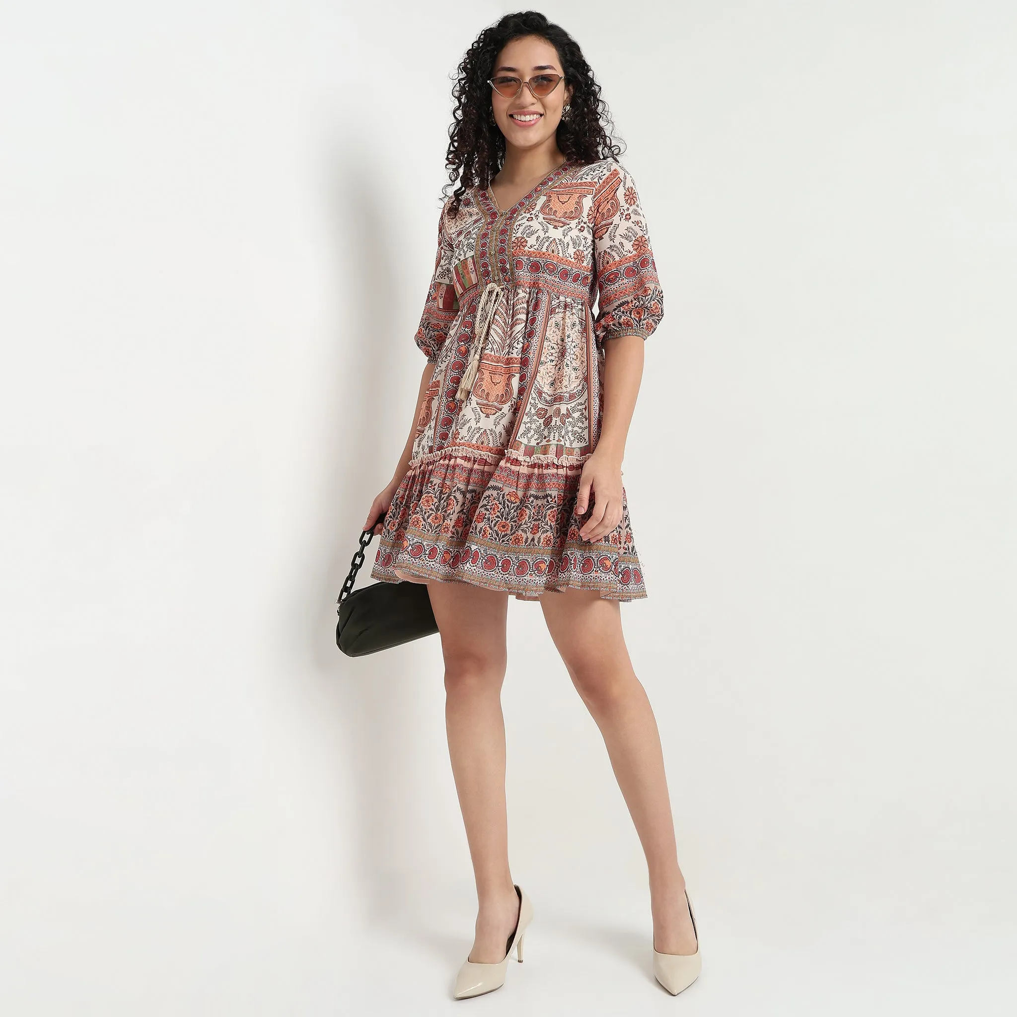 Printed Georgette V Neck Tiered Dress FlexibleJointConstruction Design Edge