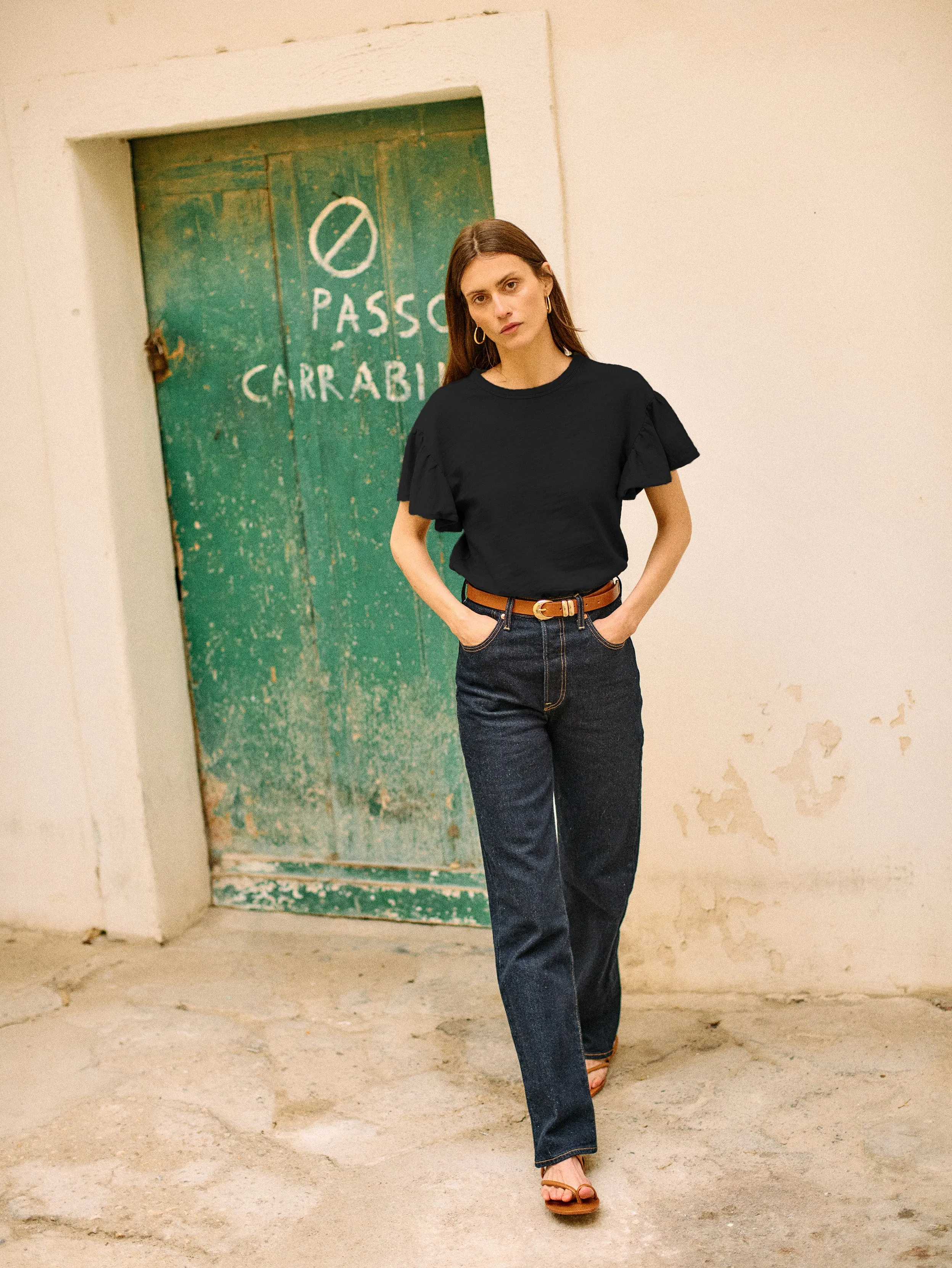 Natural Fiber Blend SlipResistantWaistband Camille Ruffle Tee