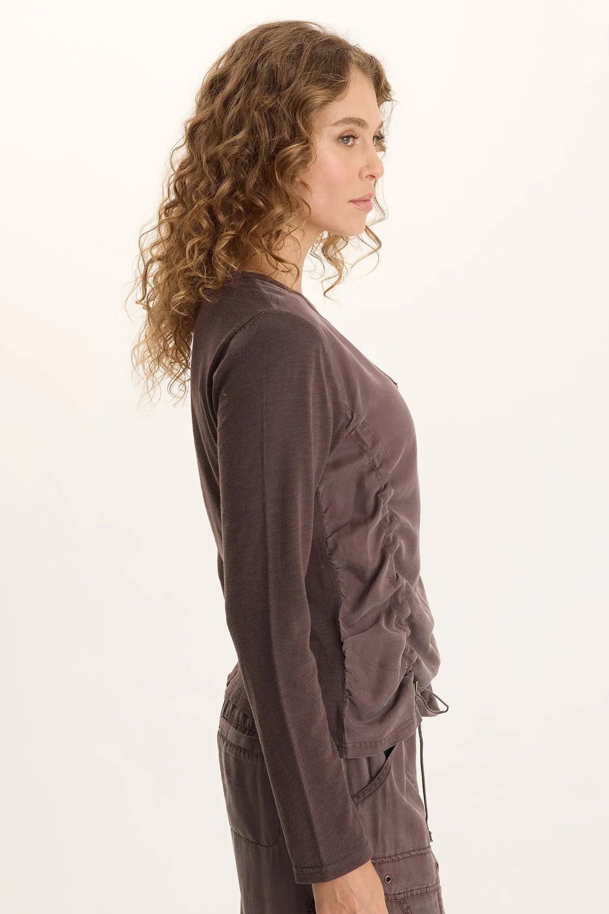 Ketti Long Sleeve Twill/Jersey Ruched V-Neck LayeredPanels HighDensity Weave