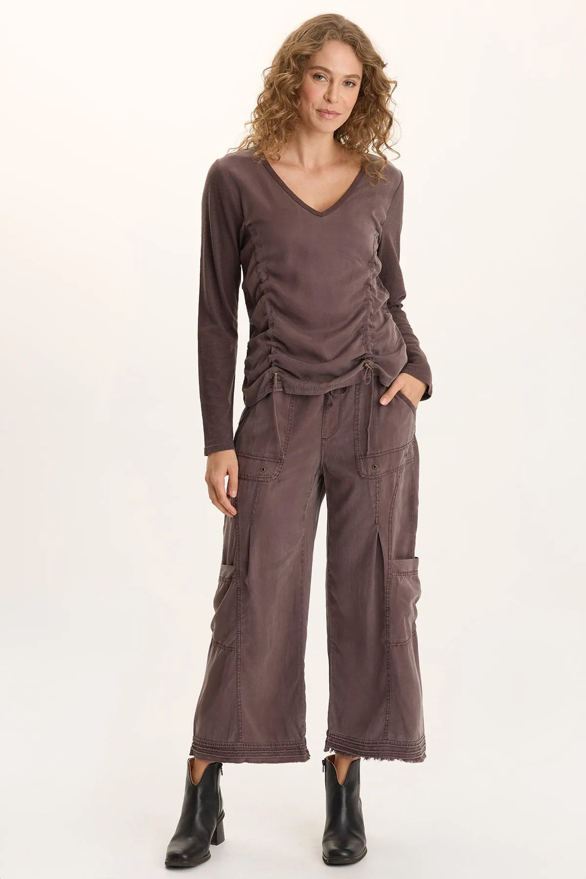 Ketti Long Sleeve Twill/Jersey Ruched V-Neck QuickDry Technology Durable Reinforcements