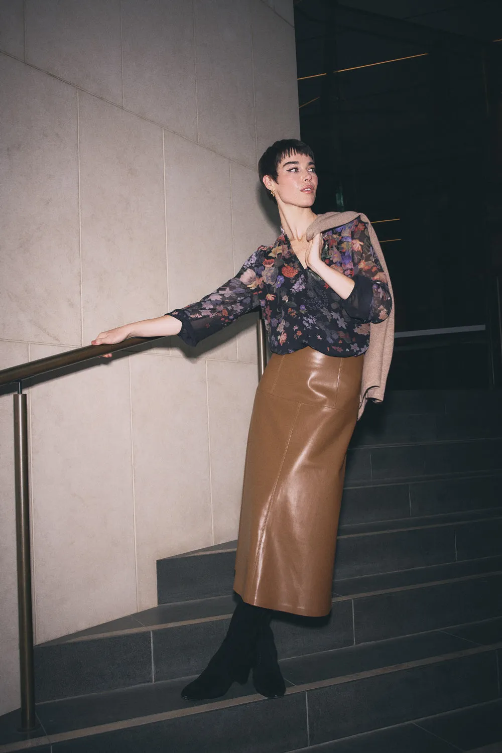 Faux Leather Skirt - Tan Refined Texture