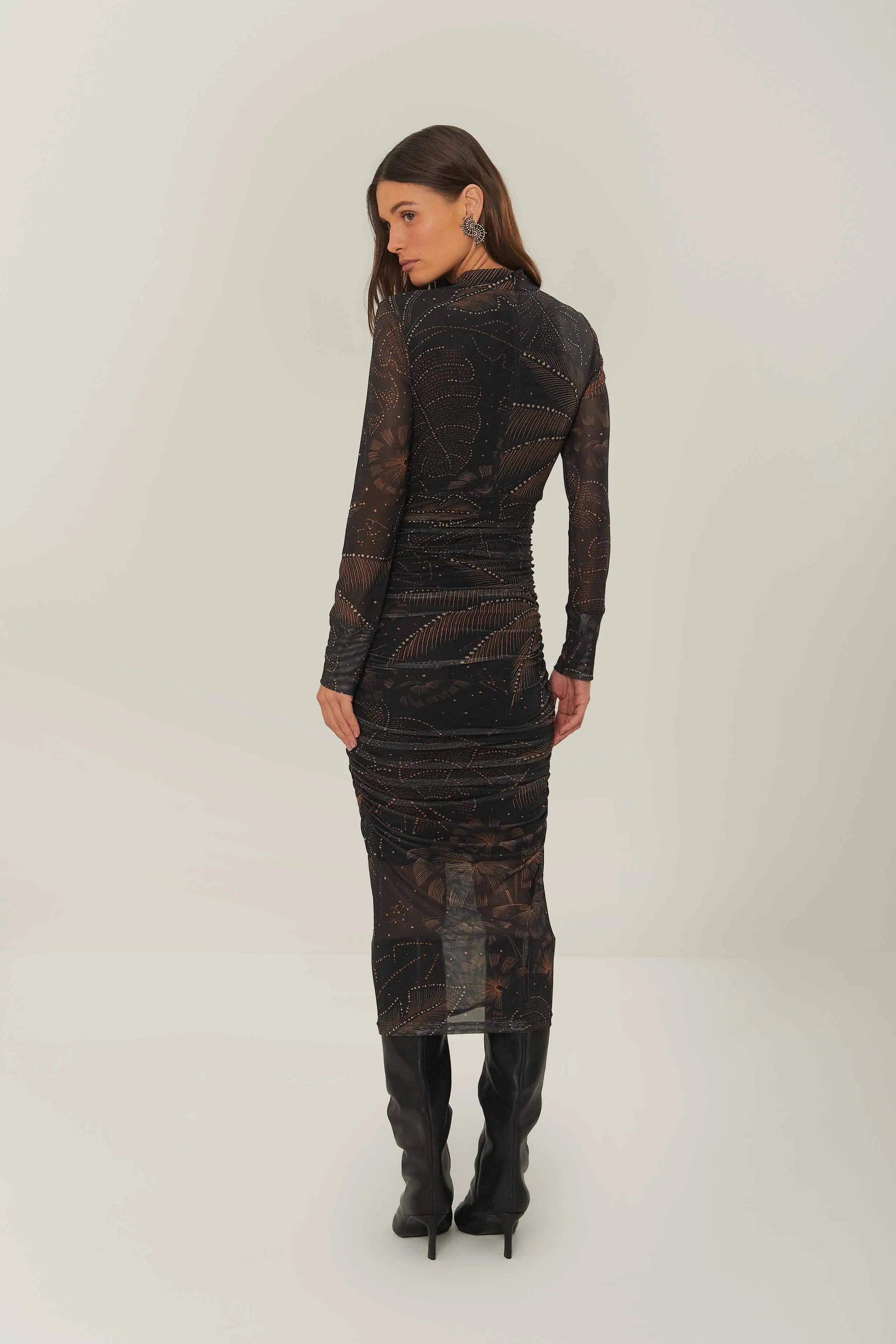 Black Golden Foliage Tulle Midi Dress Timeless elegance