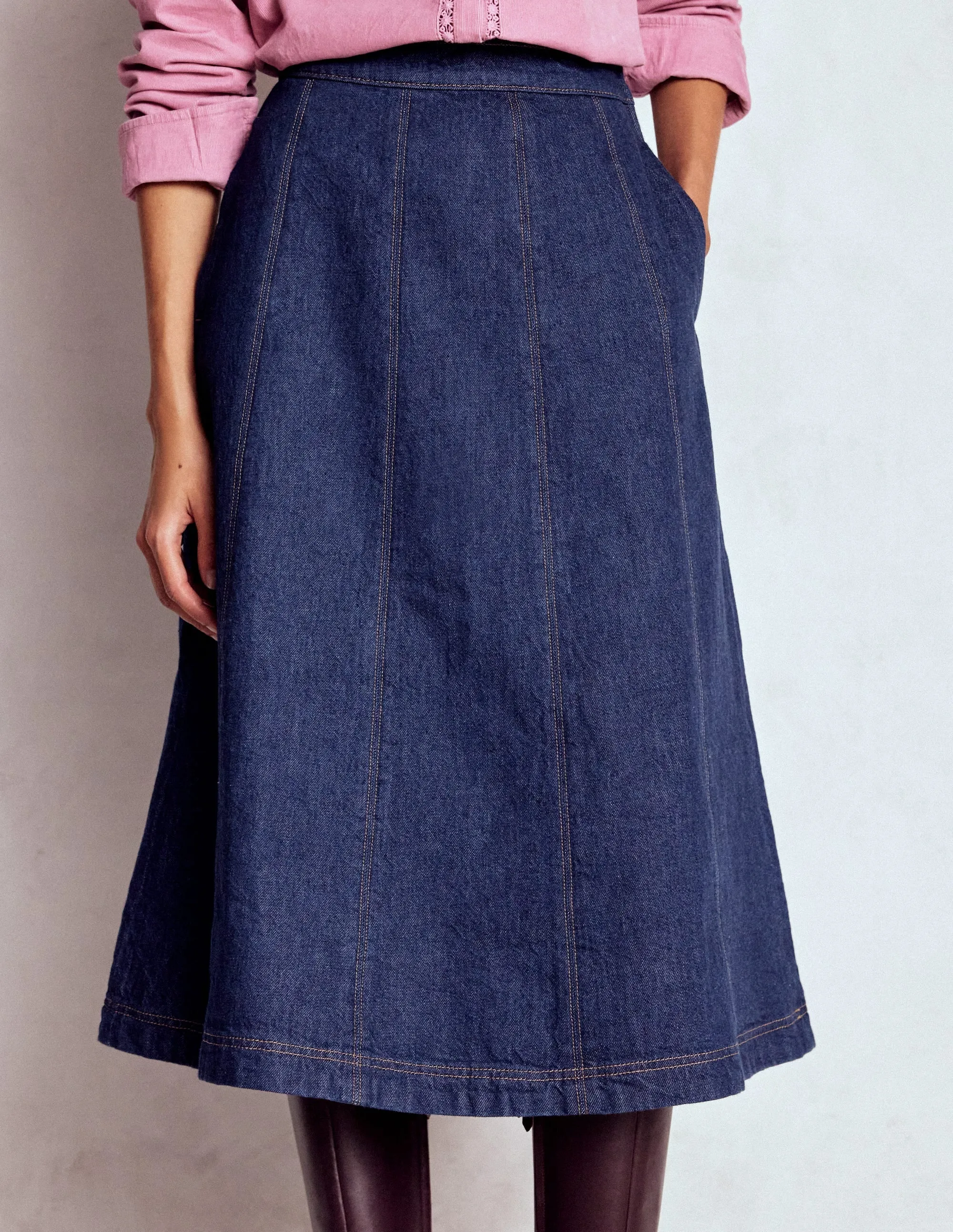 Slow Fashion Joy Panelled Denim Skirt-indigo