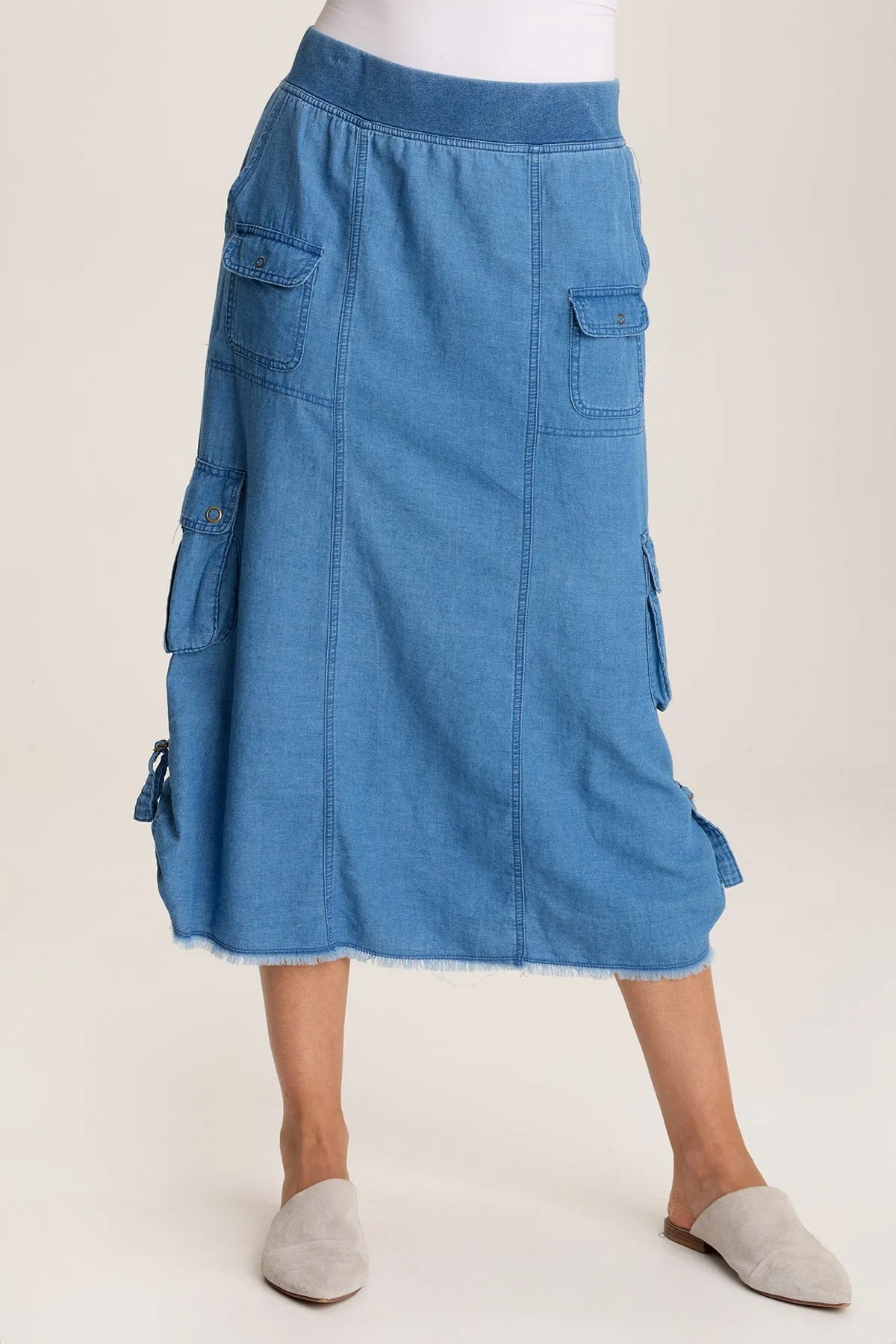 Chesney Mock-Denim Cargo Midi Skirt Mediterranean Air QuickDry Construction