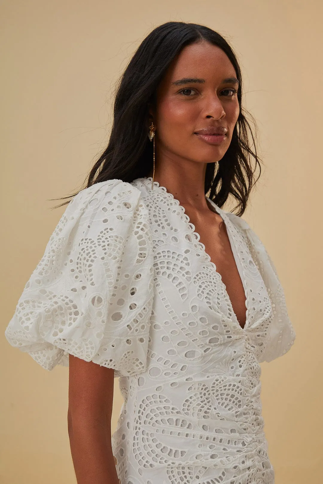White Cotton Eyelet Puff Sleeve Midi Dress Chic Traveler Fun and flirty dress