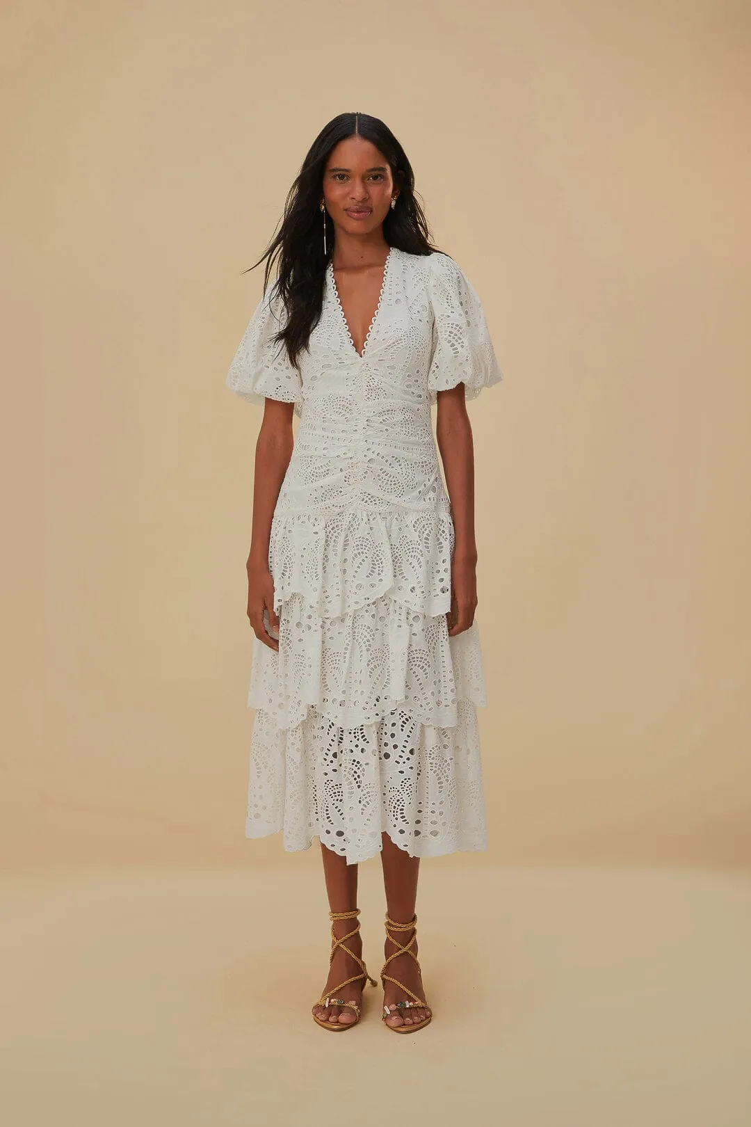 White Cotton Eyelet Puff Sleeve Midi Dress Chic Appearance