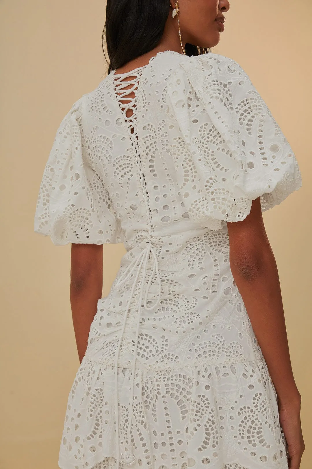 Fashionable knee-length piece Lasting Joy White Cotton Eyelet Puff Sleeve Midi Dress