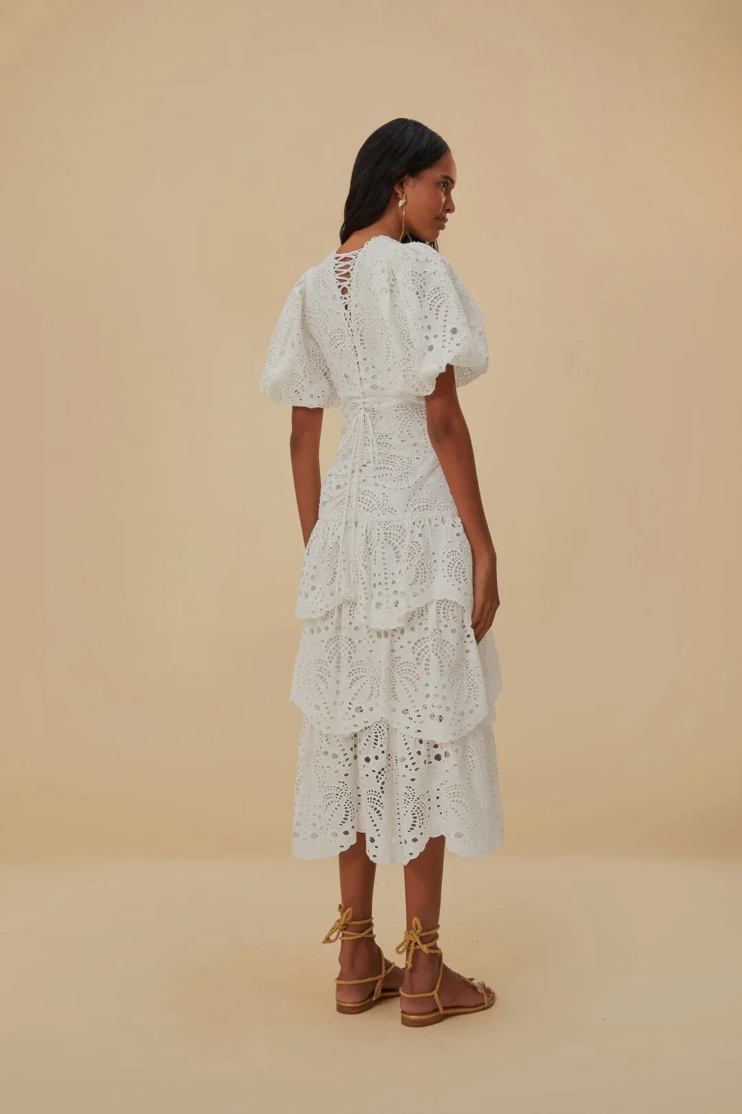 White Cotton Eyelet Puff Sleeve Midi Dress City Prep Sleek Comfort