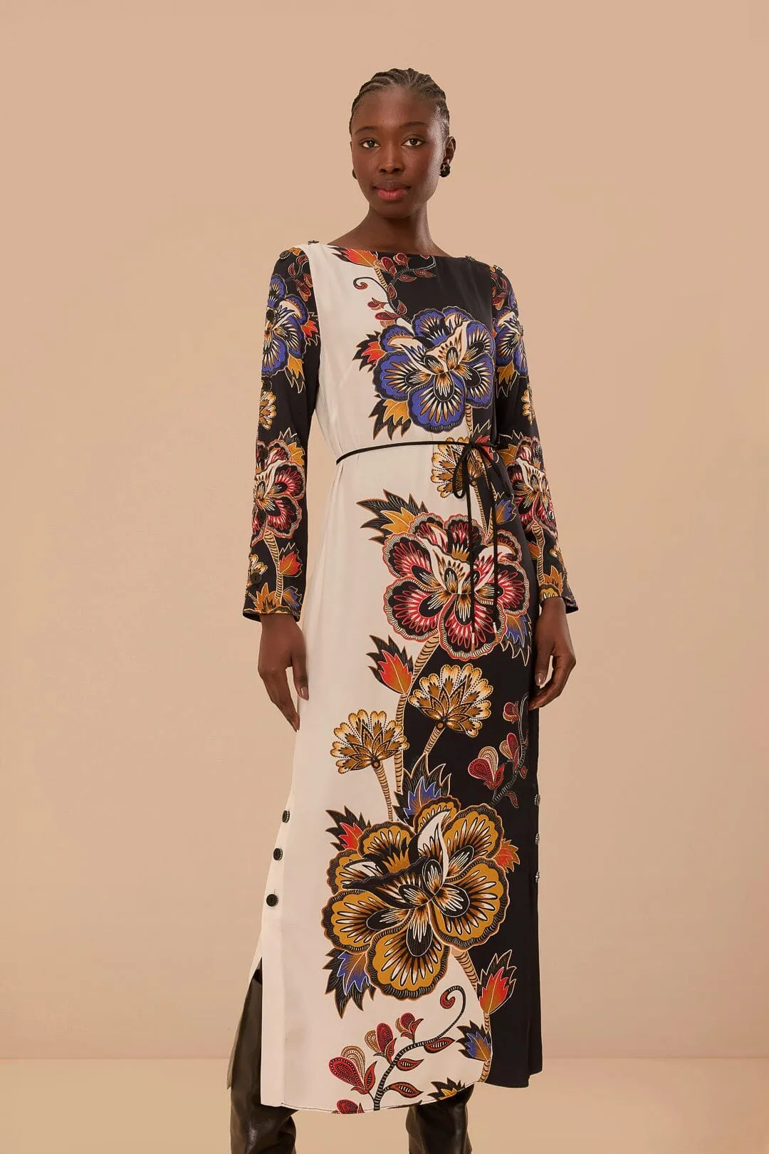 Stylish Casual Black And White Maxi Floral LENZING? ECOVERO? Viscose Midi Dress