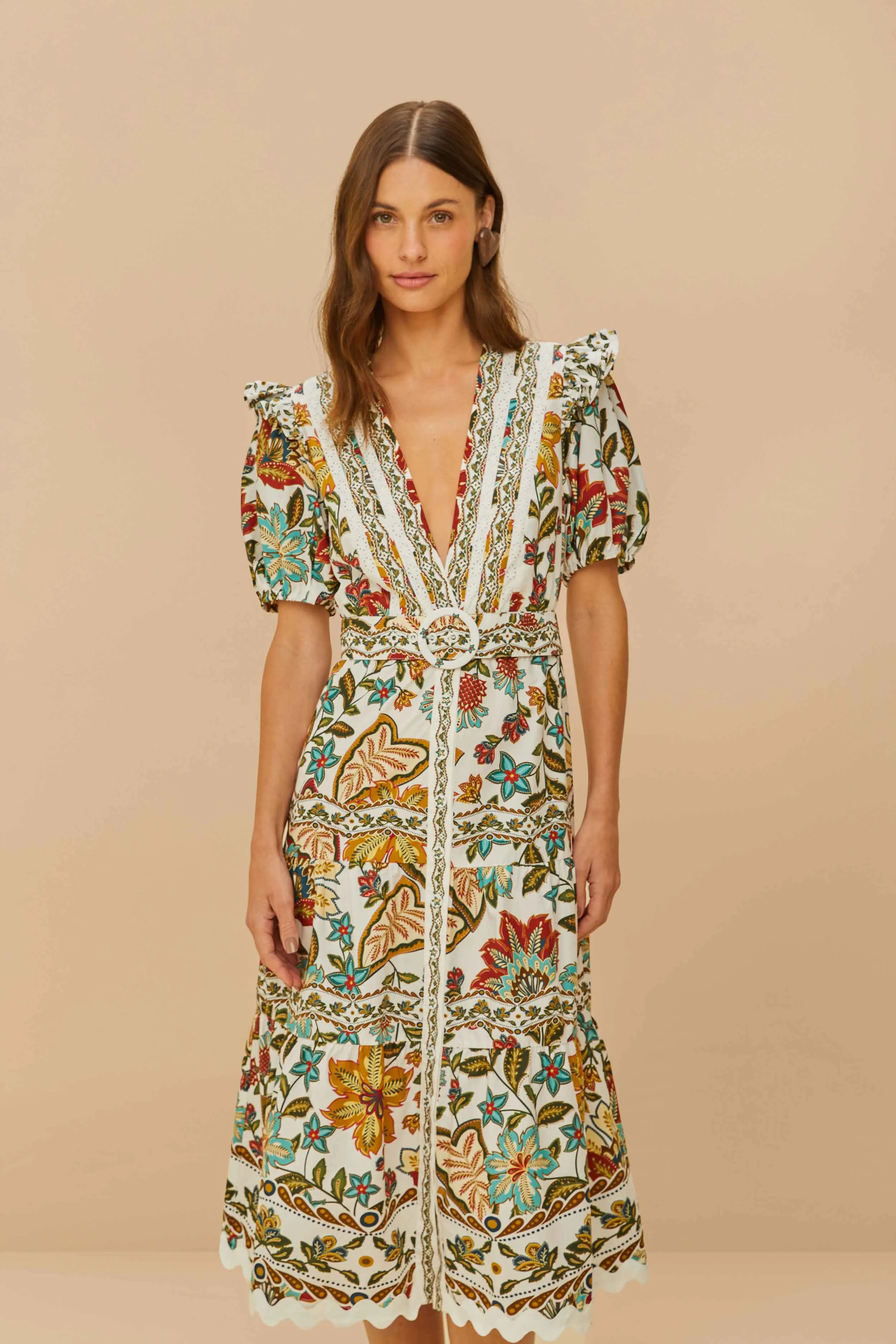 Easy Fit City Friendly Off-White Botanicals Belted Midi Dress